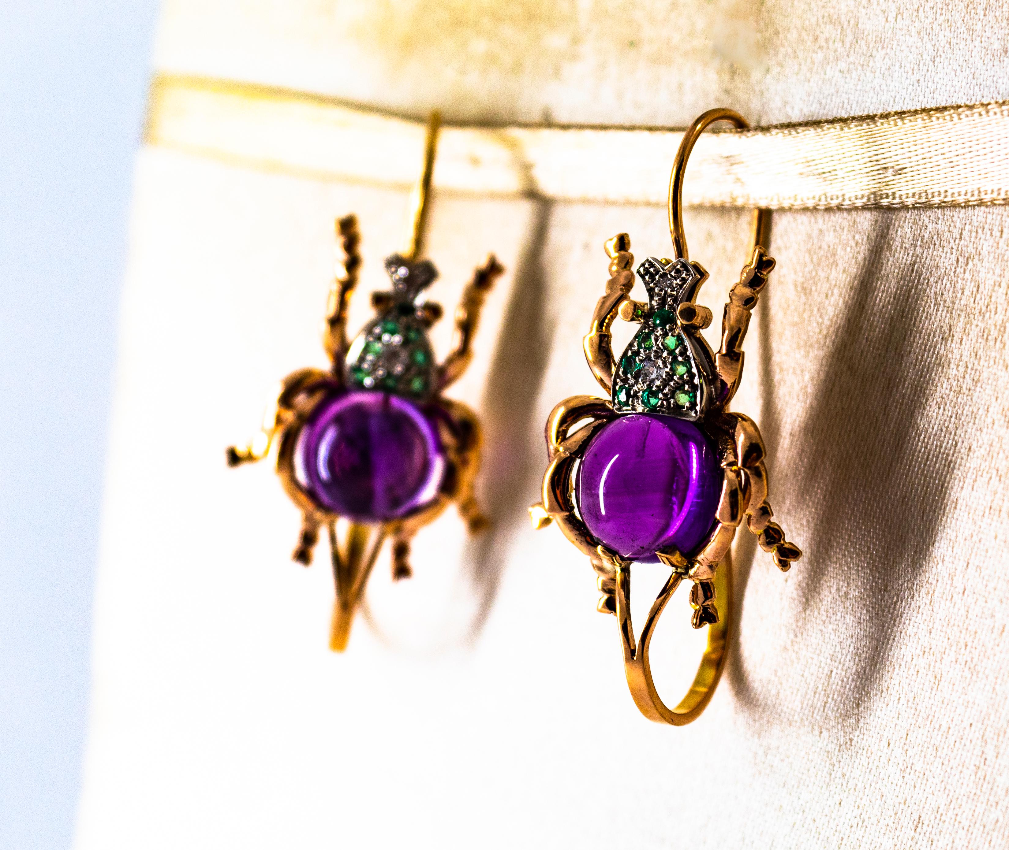 Art Nouveau Style White Diamond Emerald Amethyst Yellow Gold Lever-Back Earrings For Sale 1