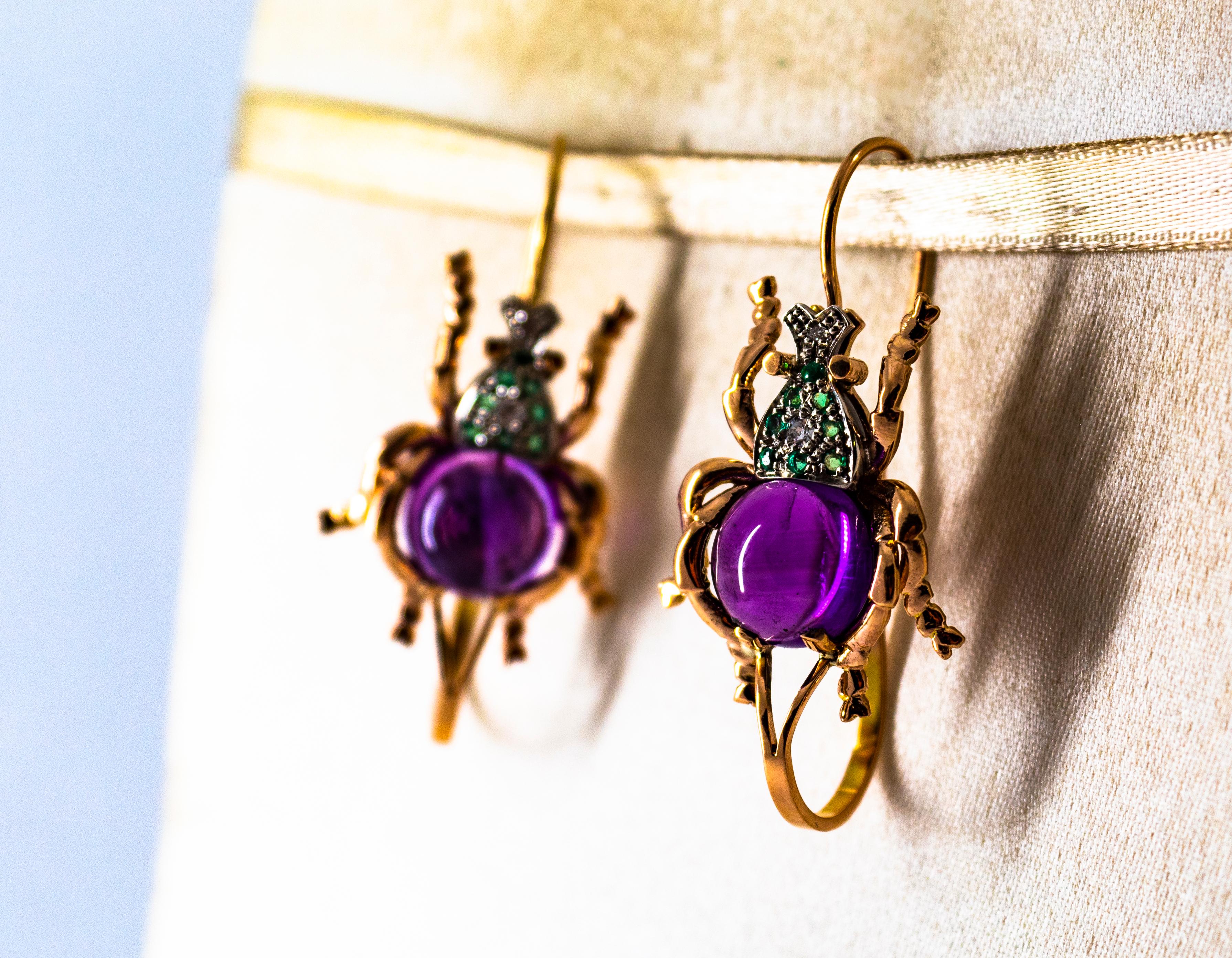 Art Nouveau Style White Diamond Emerald Amethyst Yellow Gold Lever-Back Earrings For Sale 2