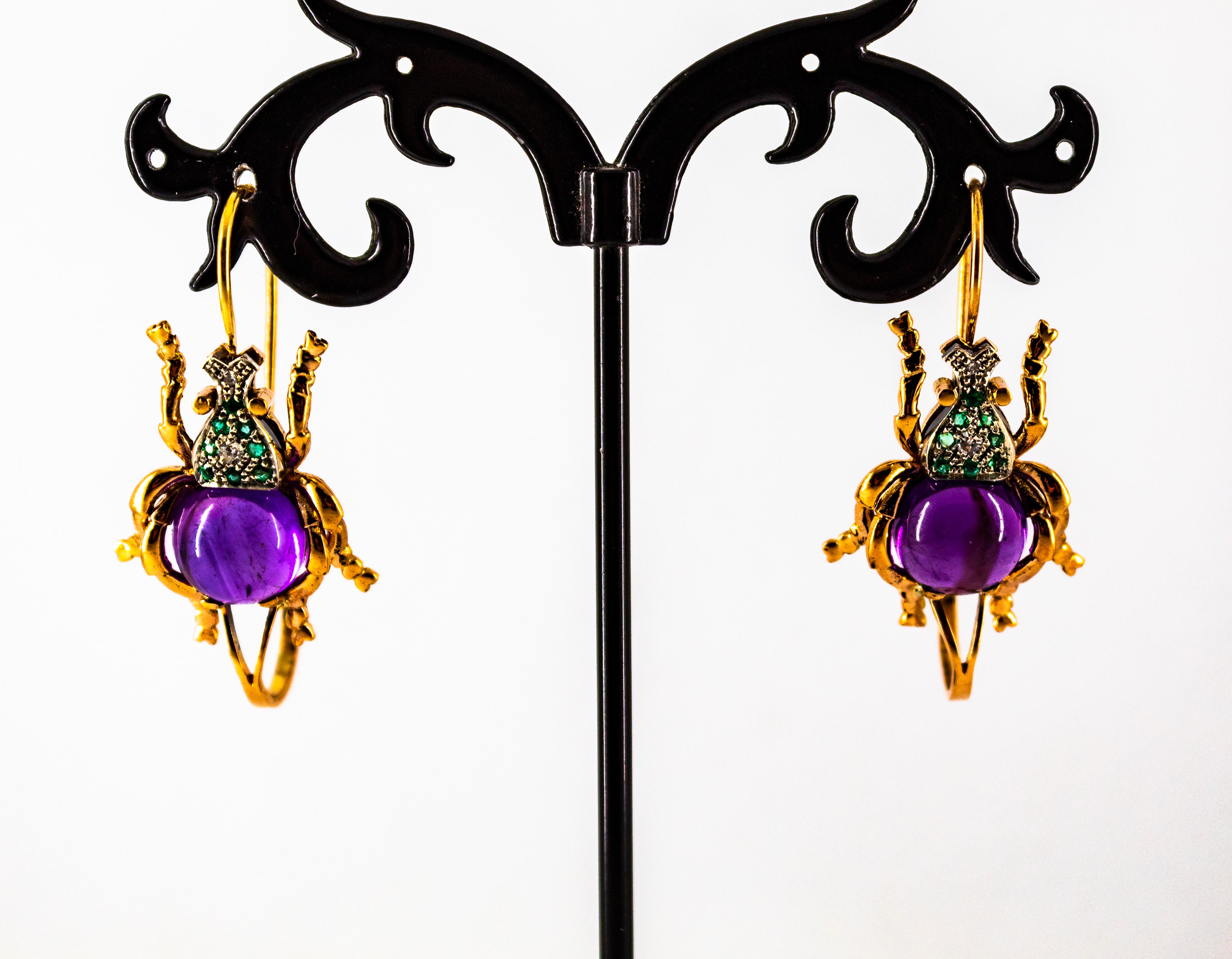 Art Nouveau Style White Diamond Emerald Amethyst Yellow Gold Lever-Back Earrings For Sale 3
