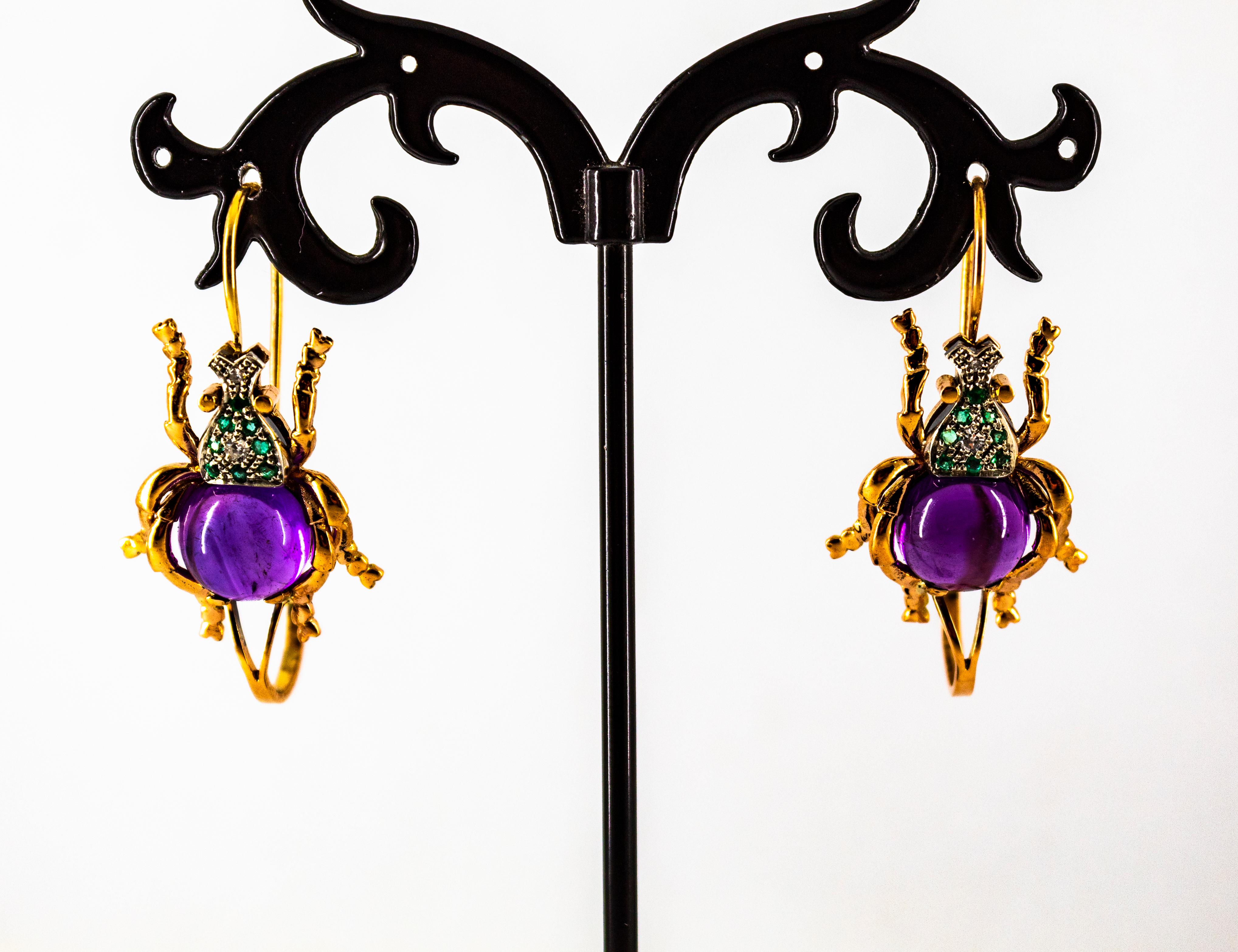 Art Nouveau Style White Diamond Emerald Amethyst Yellow Gold Lever-Back Earrings For Sale 4