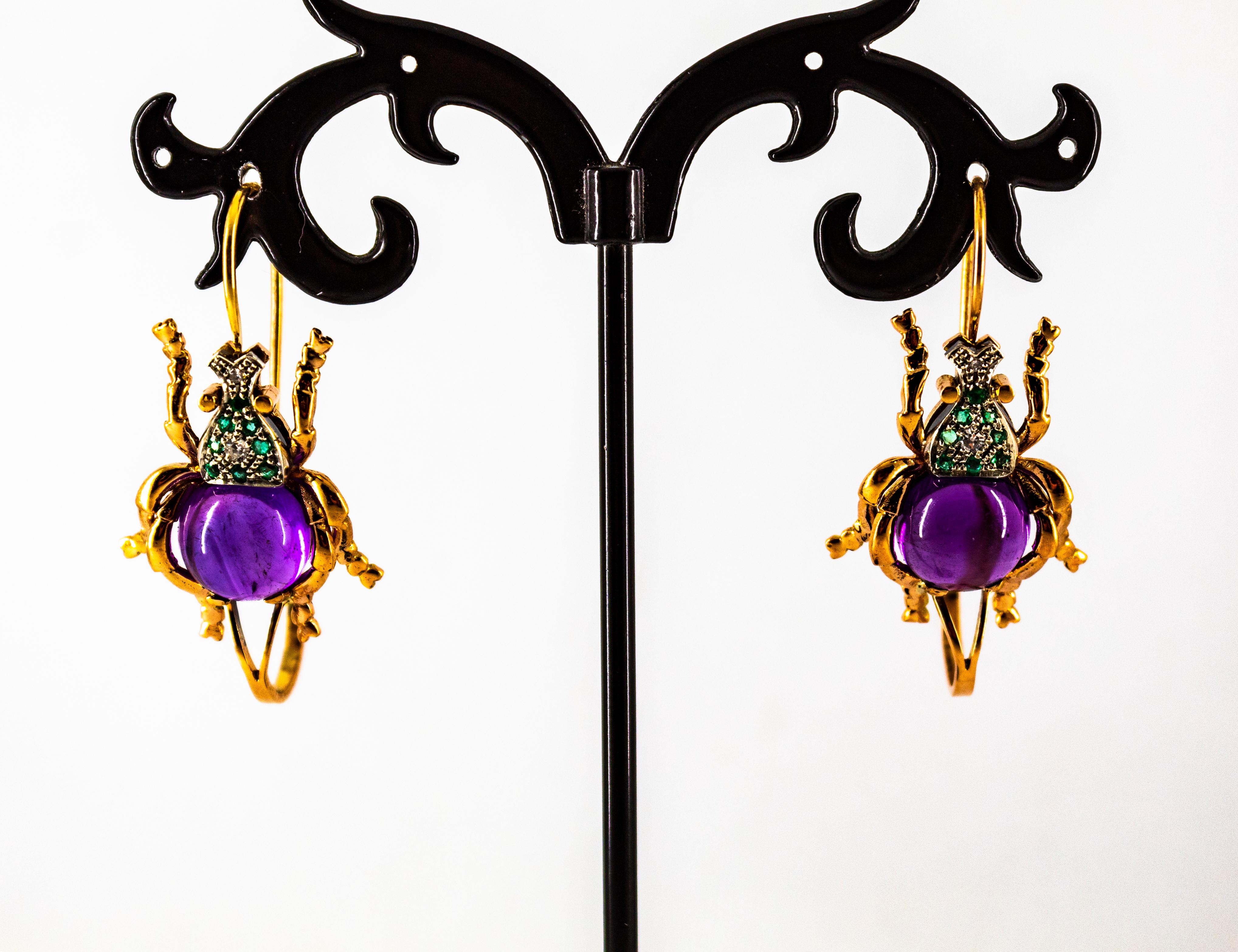 Orecchini a leva in oro giallo con diamante bianco e smeraldo e ametista in stile Art Nouveau in vendita 4