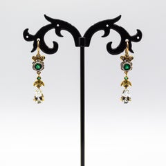 Art Nouveau Style Weißer Diamant Smaragd Aquamarin Gelbgold Tropfen-Ohrringe