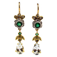 Art Nouveau Style White Diamond Emerald Aquamarine Yellow Gold Drop Earrings
