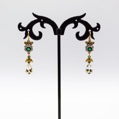 Art Nouveau Style White Diamond Emerald Aquamarine Yellow Gold Drop Earrings