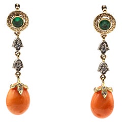 Pendientes de Oro Amarillo Estilo Art Nouveau Diamante Blanco Corte Gota de Esmeralda Coral Rojo