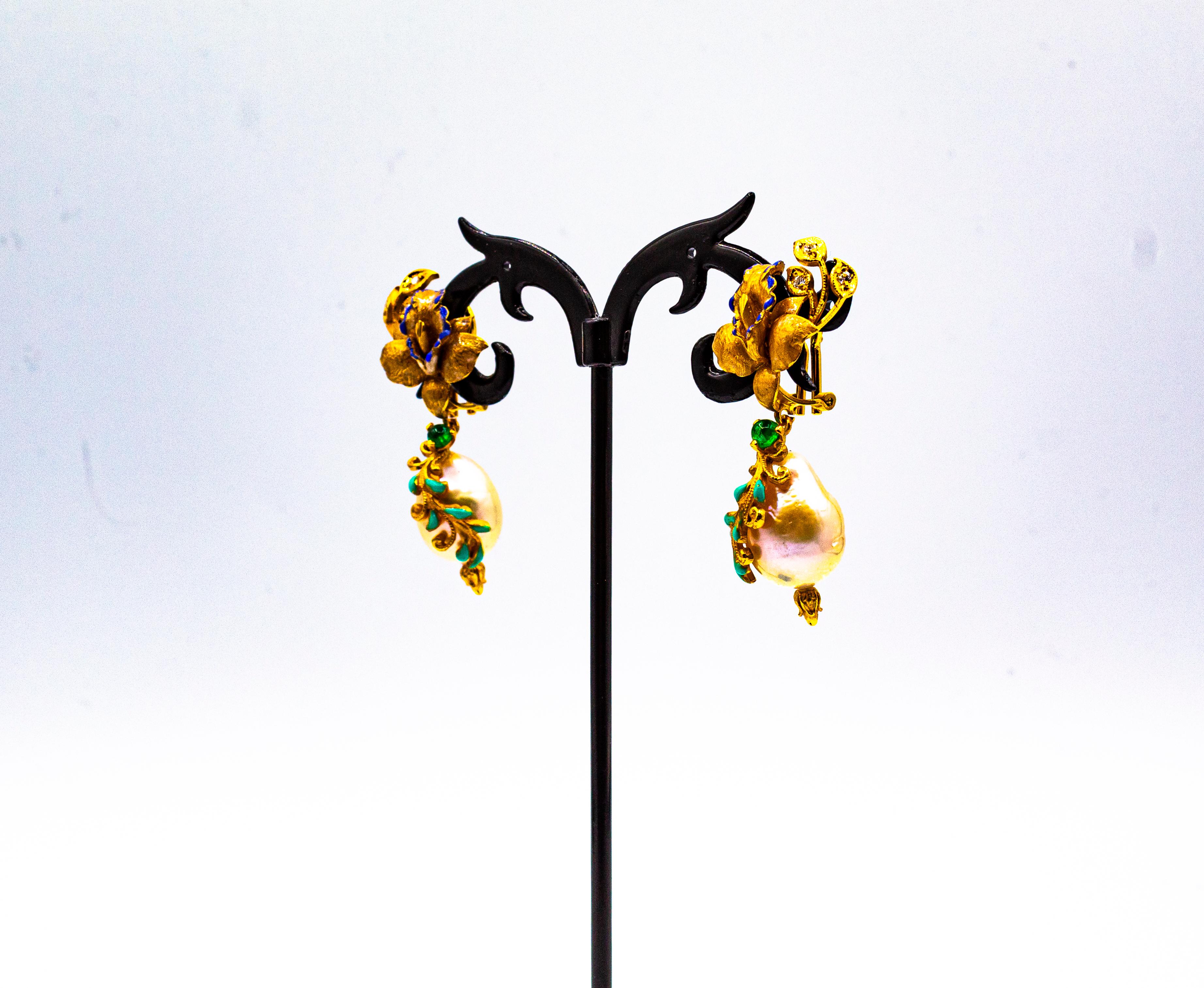 Art Nouveau Style White Diamond Emerald Enamel Pearl Yellow Gold Drop Earrings 5