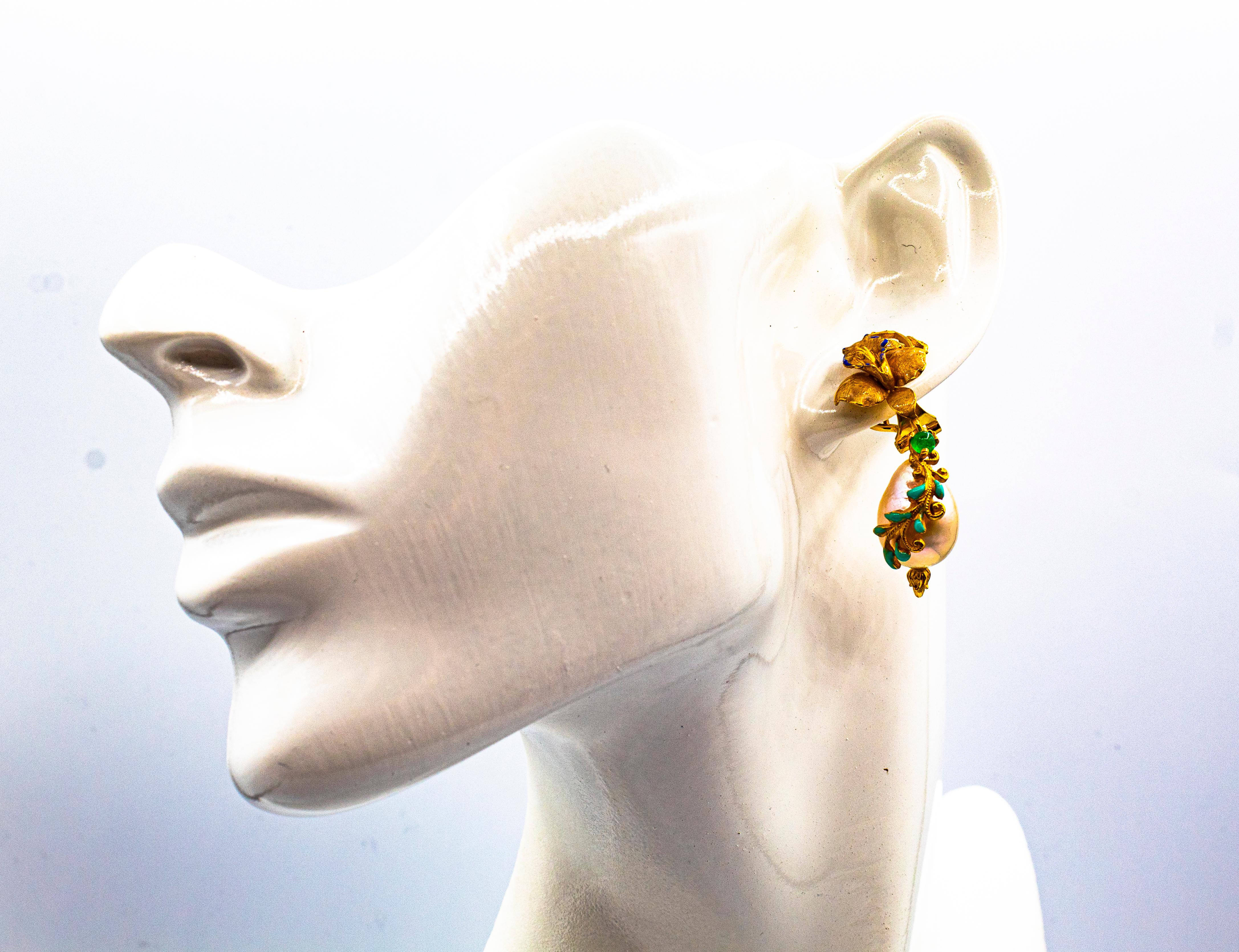 Art Nouveau Style White Diamond Emerald Enamel Pearl Yellow Gold Drop Earrings 6