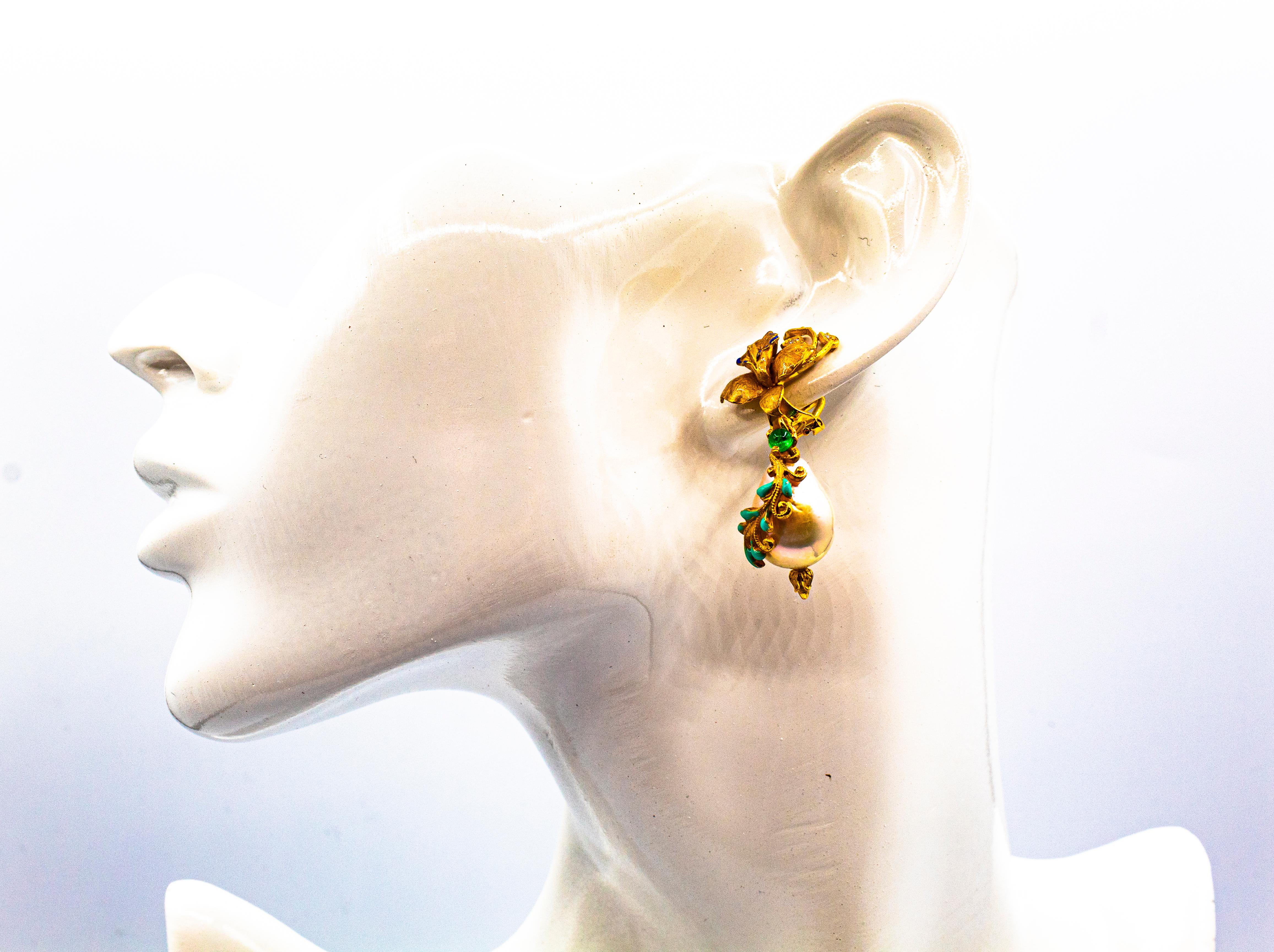 Art Nouveau Style White Diamond Emerald Enamel Pearl Yellow Gold Drop Earrings For Sale 7