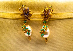 Art Nouveau Style White Diamond Emerald Enamel Pearl Yellow Gold Drop Earrings