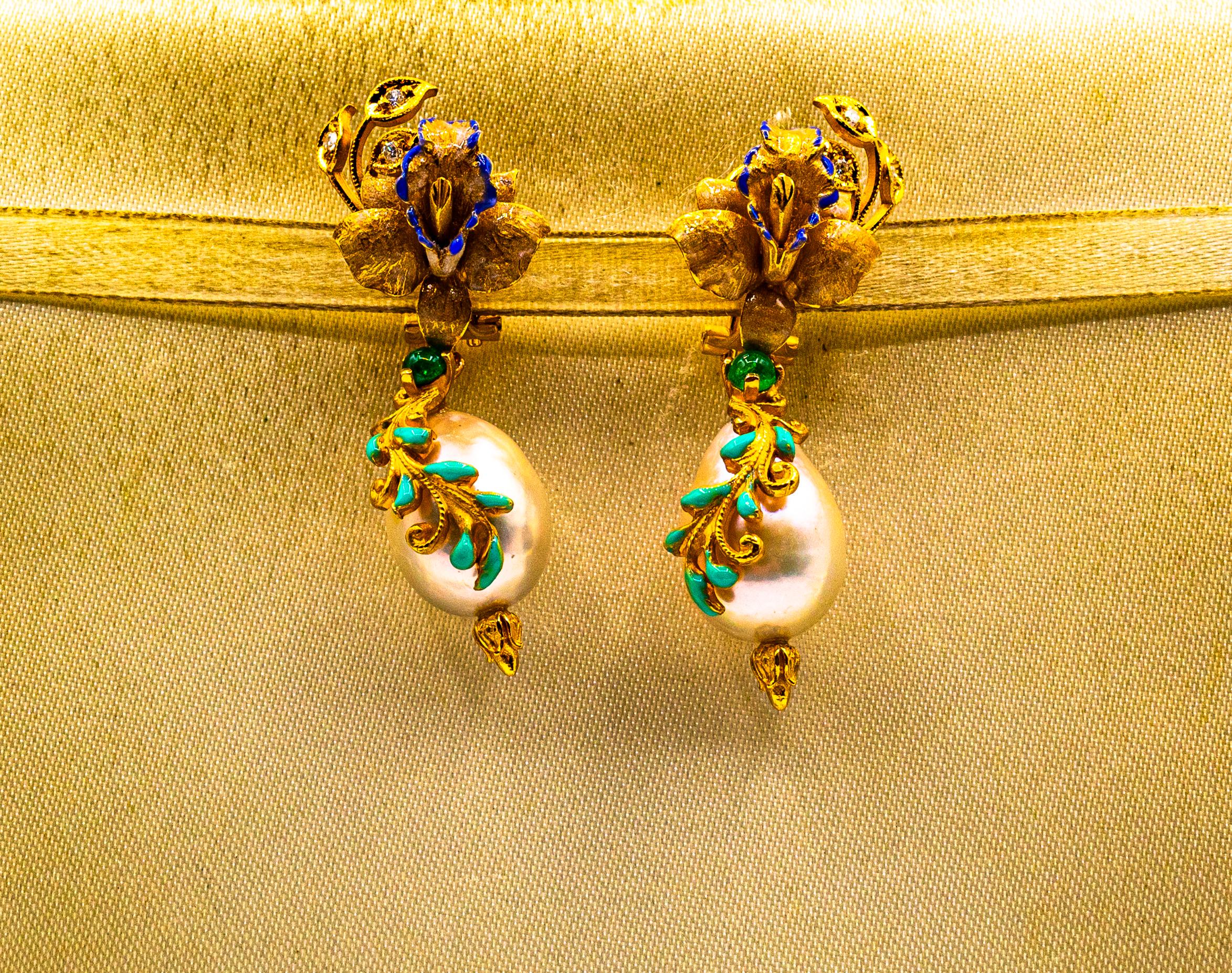 Brilliant Cut Art Nouveau Style White Diamond Emerald Enamel Pearl Yellow Gold Drop Earrings For Sale
