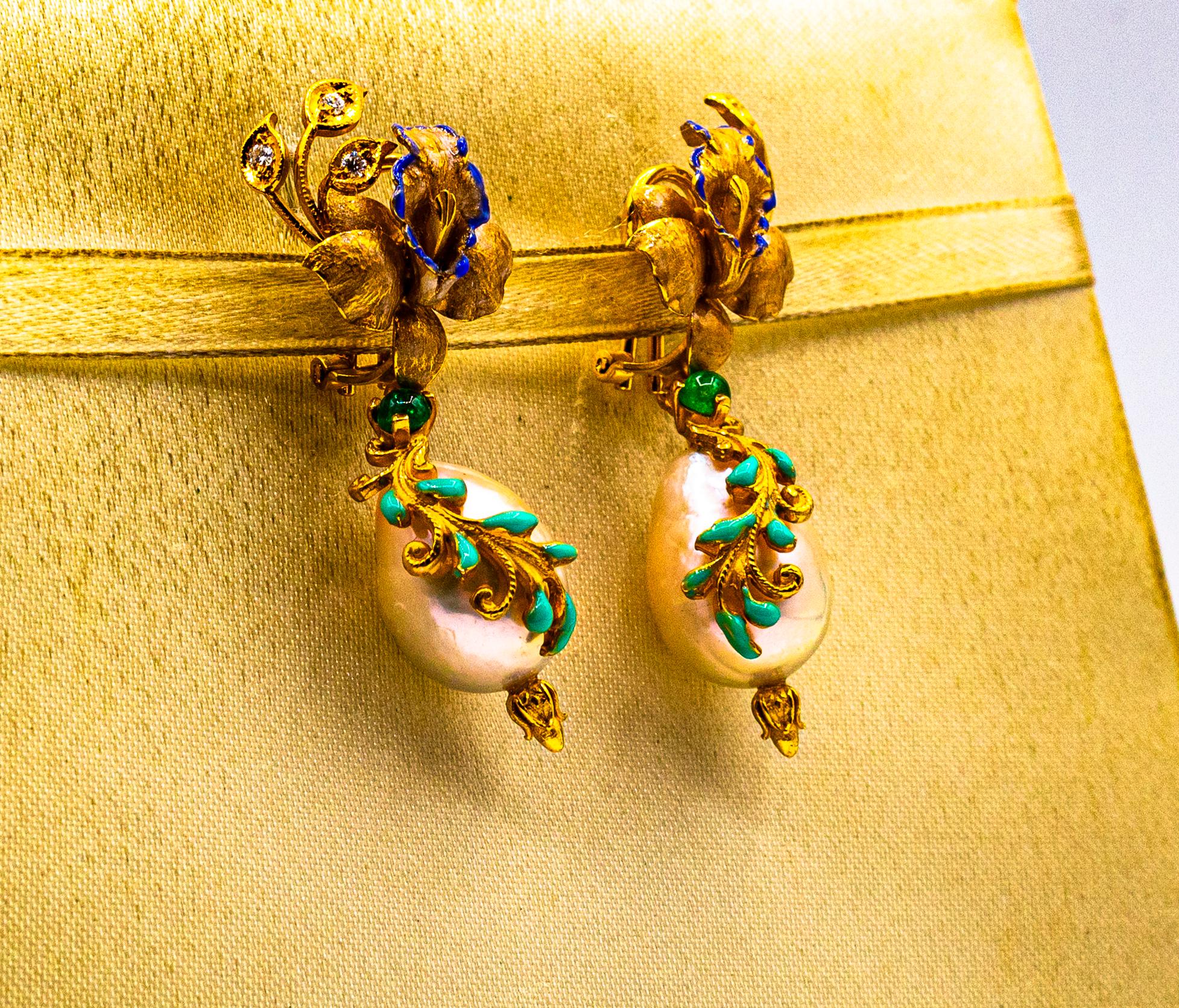 Art Nouveau Style White Diamond Emerald Enamel Pearl Yellow Gold Drop Earrings In New Condition In Naples, IT