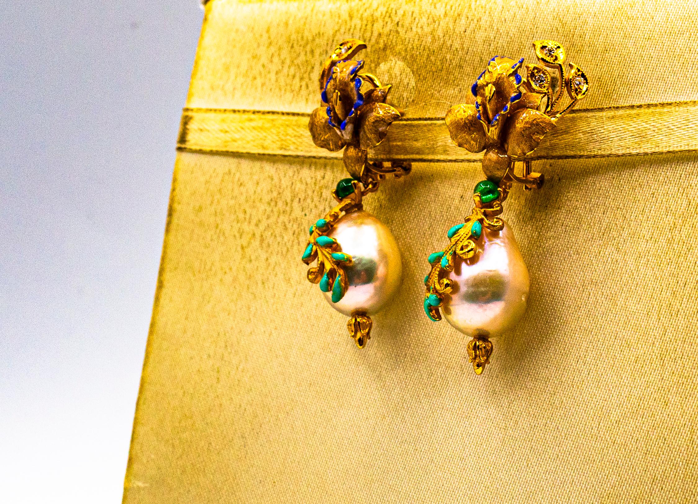 Women's or Men's Art Nouveau Style White Diamond Emerald Enamel Pearl Yellow Gold Drop Earrings