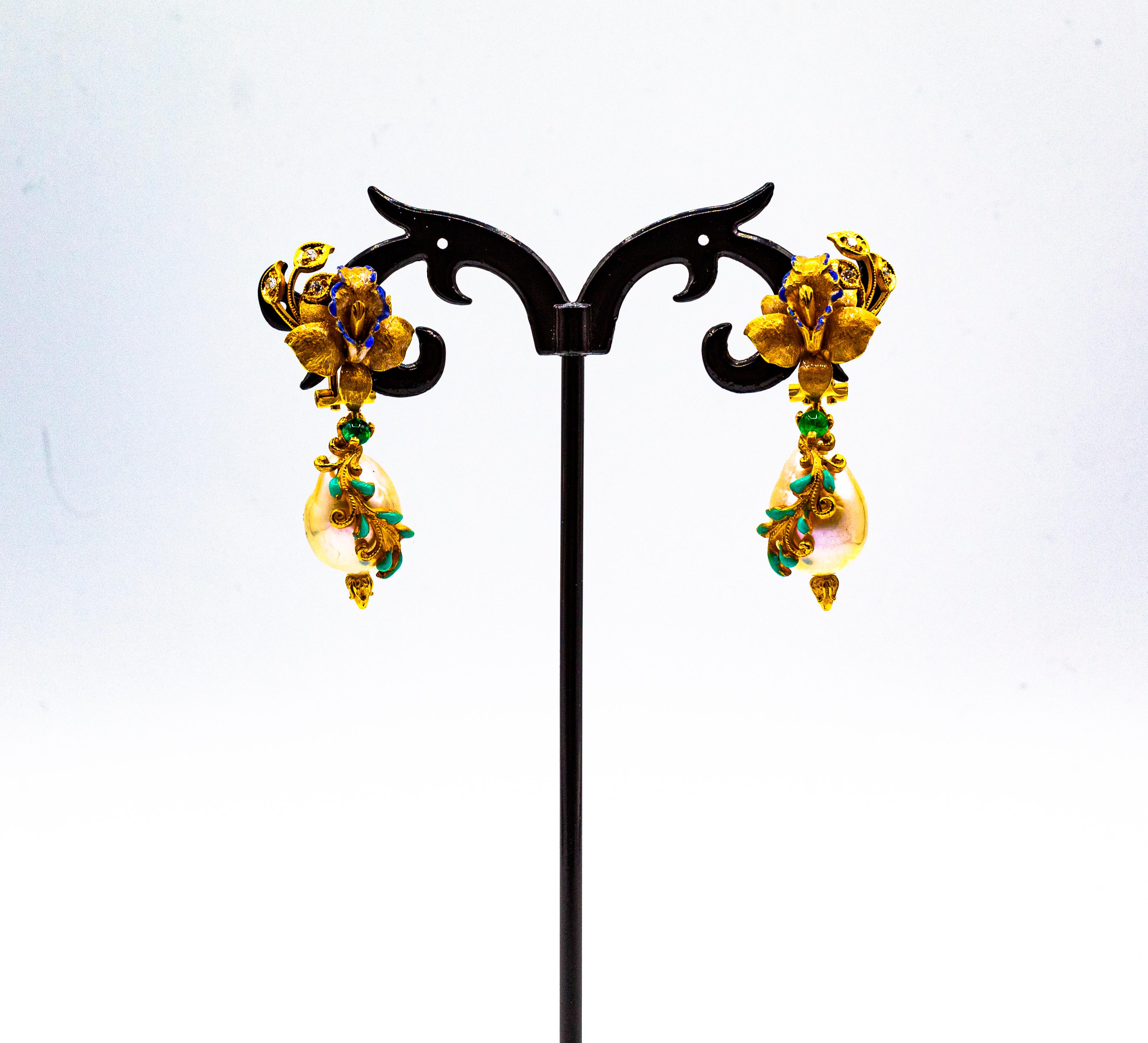 Art Nouveau Style White Diamond Emerald Enamel Pearl Yellow Gold Drop Earrings 1