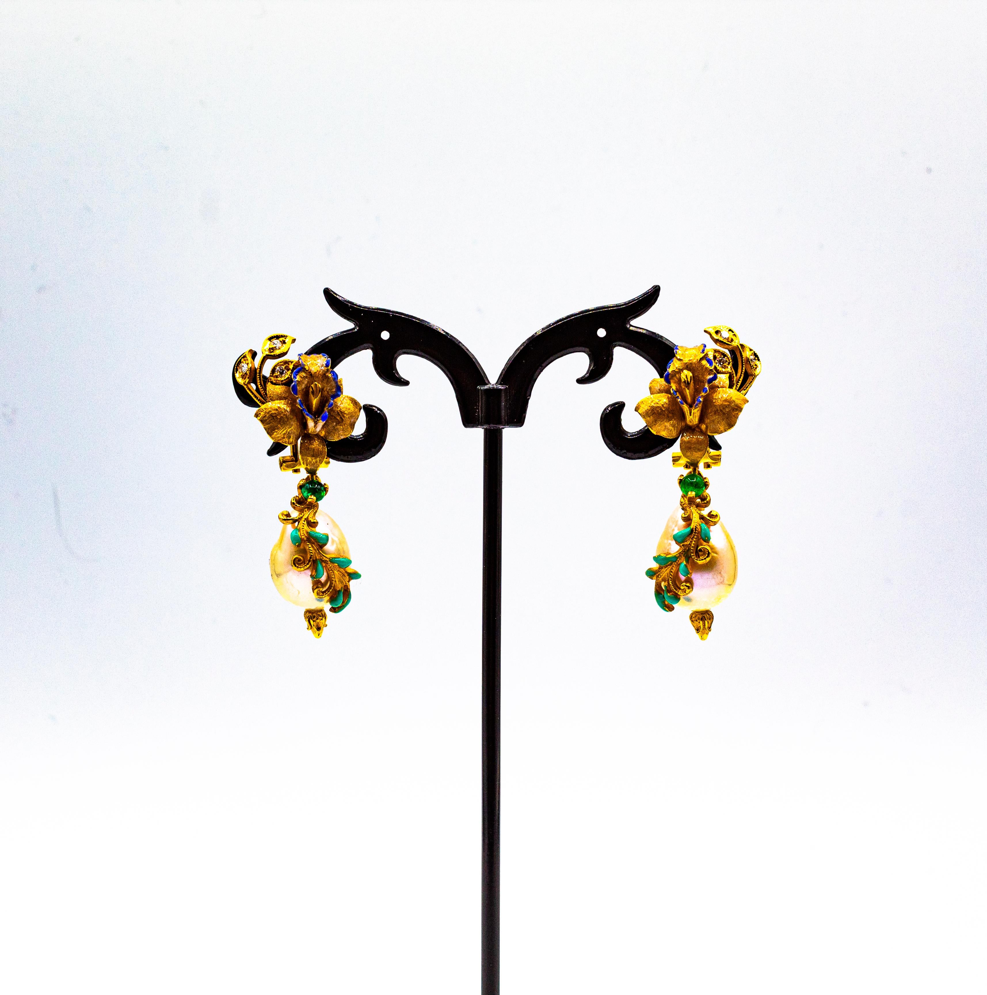 Art Nouveau Style White Diamond Emerald Enamel Pearl Yellow Gold Drop Earrings 2