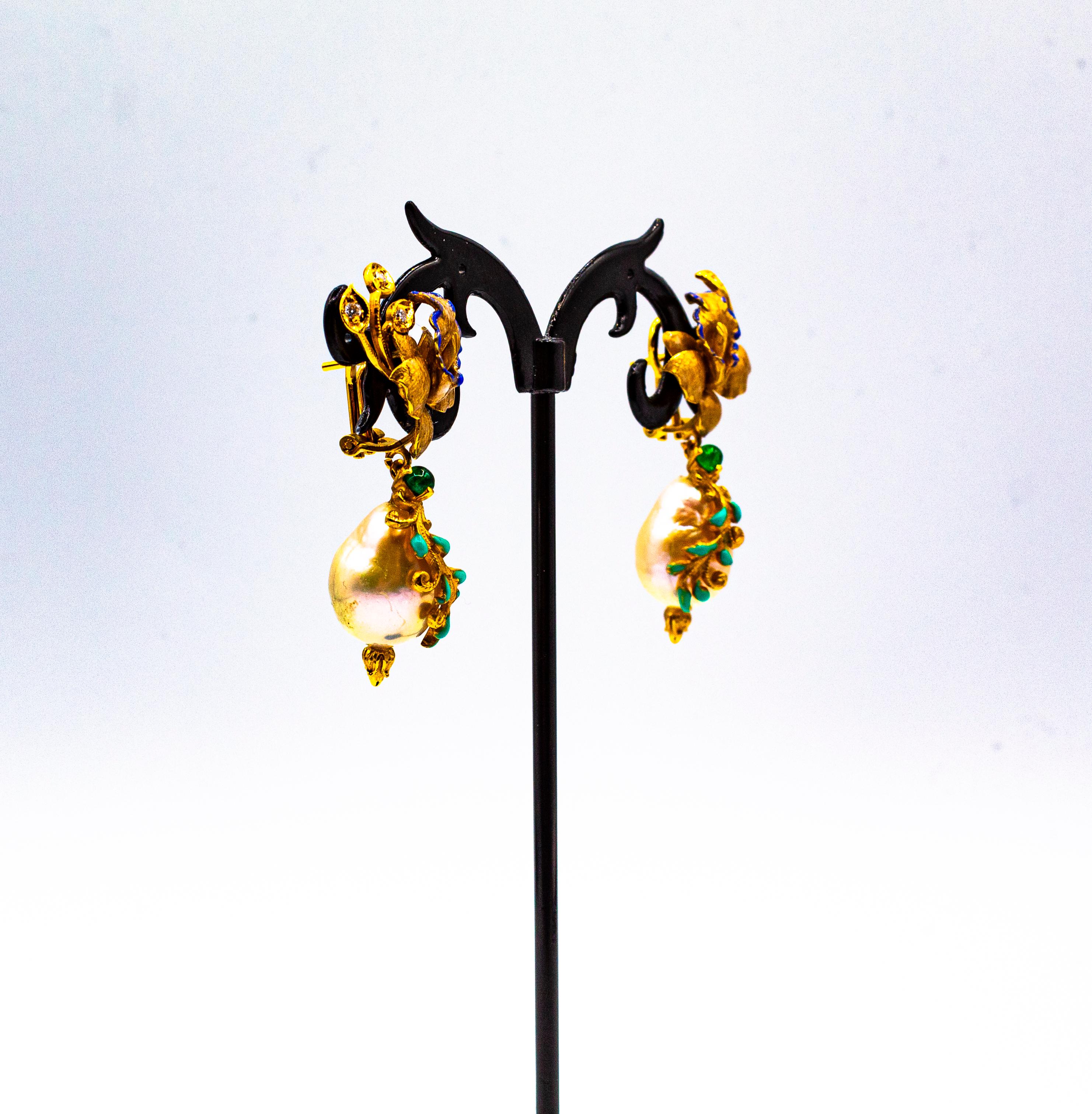 Art Nouveau Style White Diamond Emerald Enamel Pearl Yellow Gold Drop Earrings For Sale 3