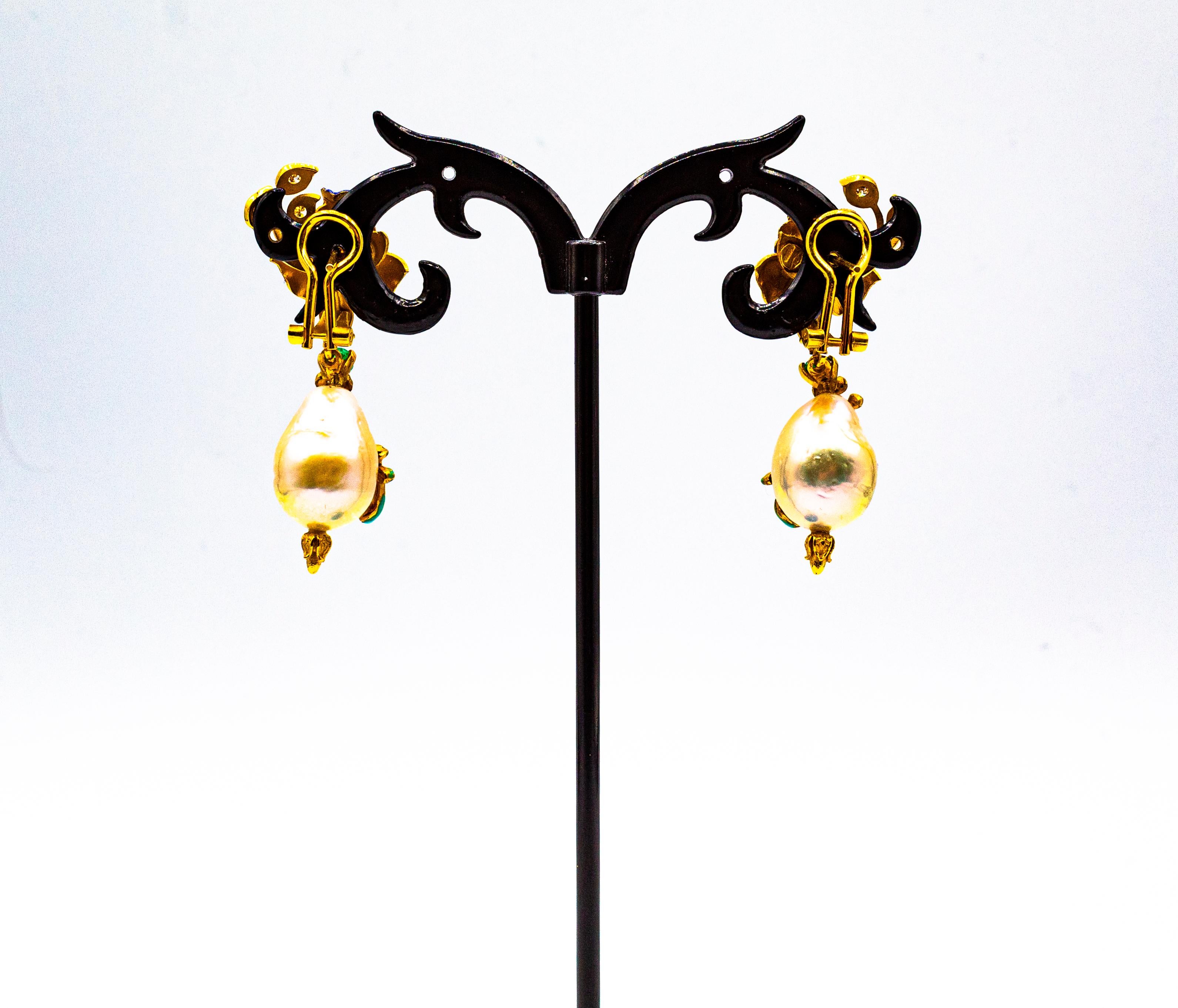 Art Nouveau Style White Diamond Emerald Enamel Pearl Yellow Gold Drop Earrings 4
