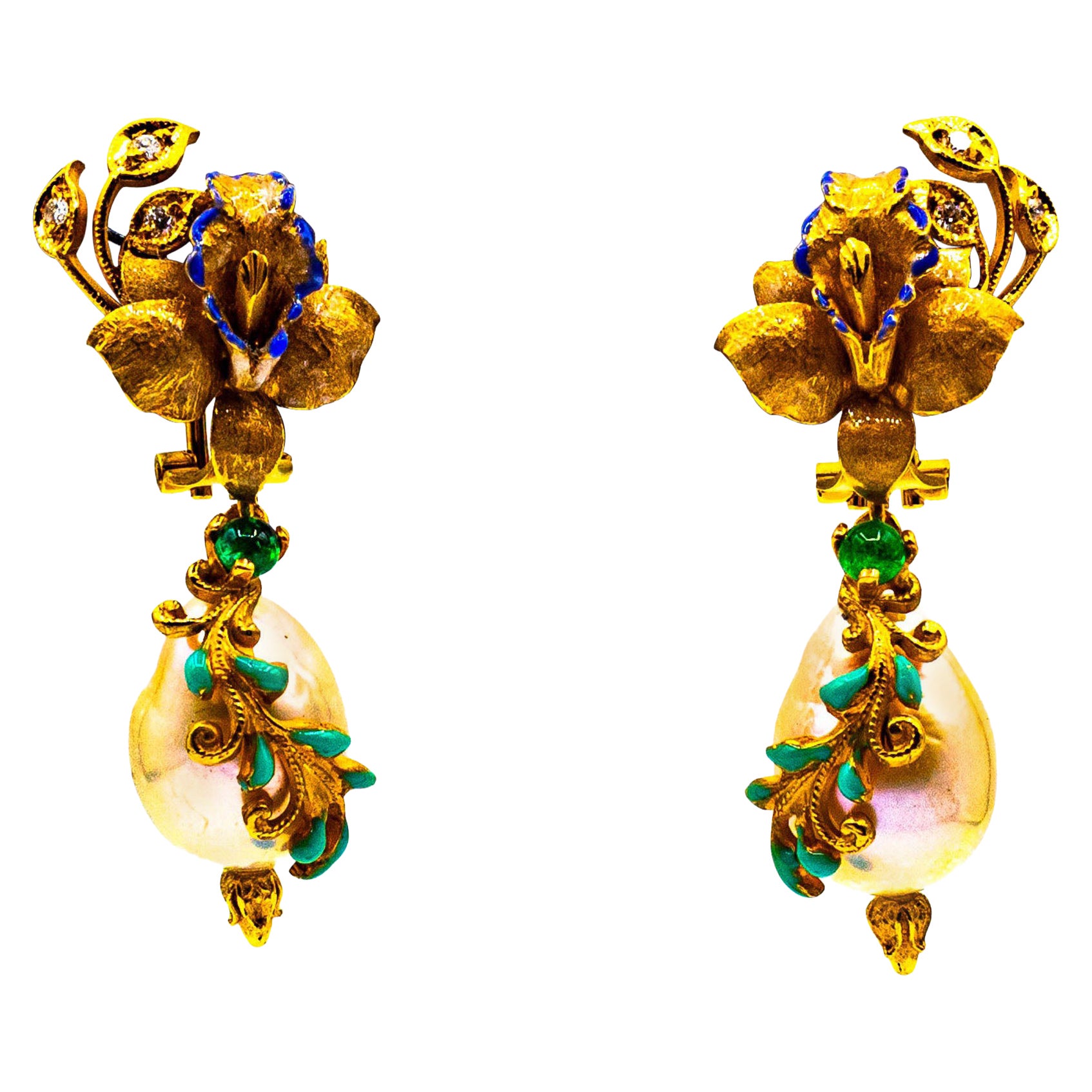 Art Nouveau Style White Diamond Emerald Enamel Pearl Yellow Gold Drop Earrings