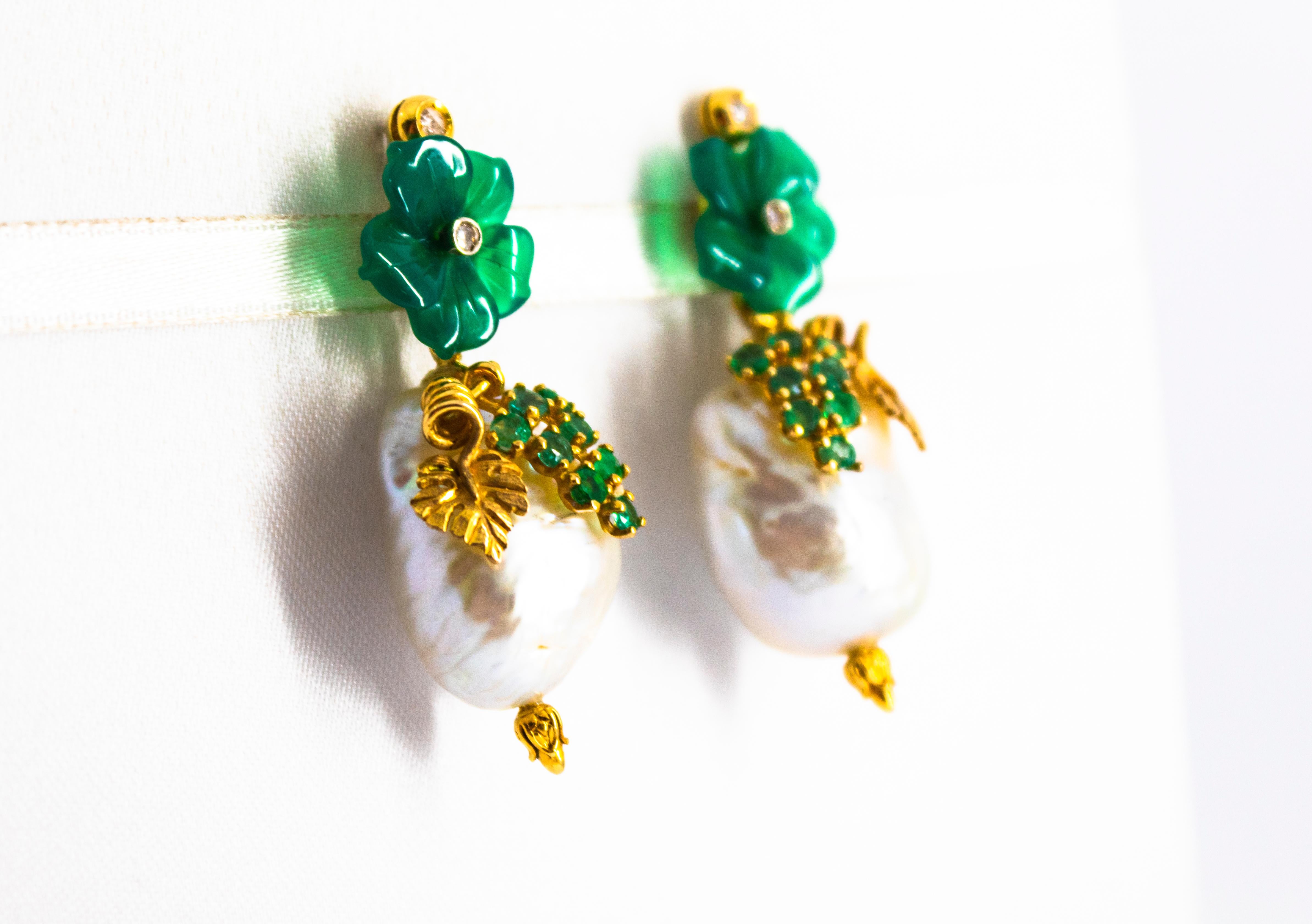 Brilliant Cut Art Nouveau Style White Diamond Emerald Green Agate Yellow Gold Flowers Earrings For Sale