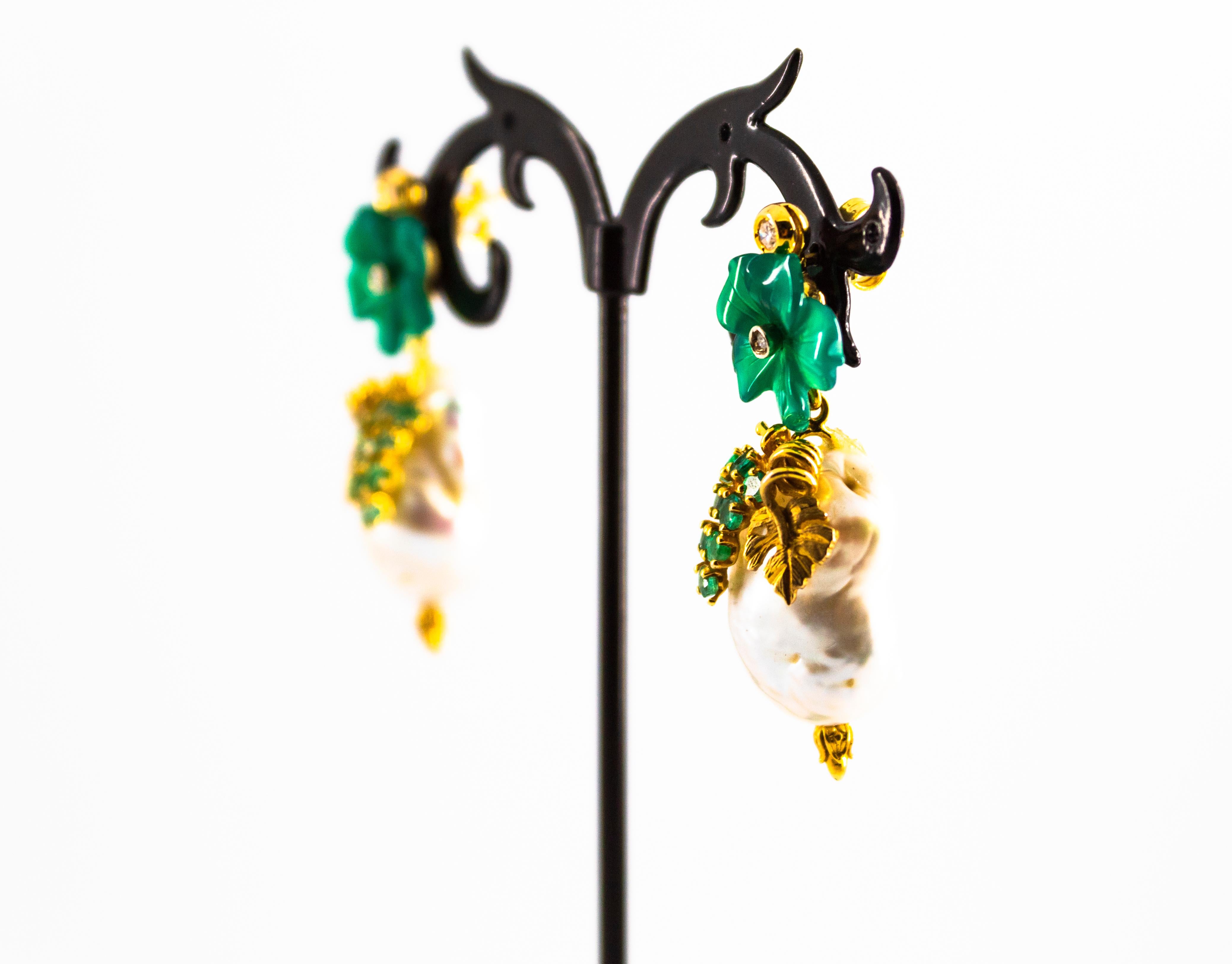 Art Nouveau Style White Diamond Emerald Green Agate Yellow Gold Flowers Earrings For Sale 1