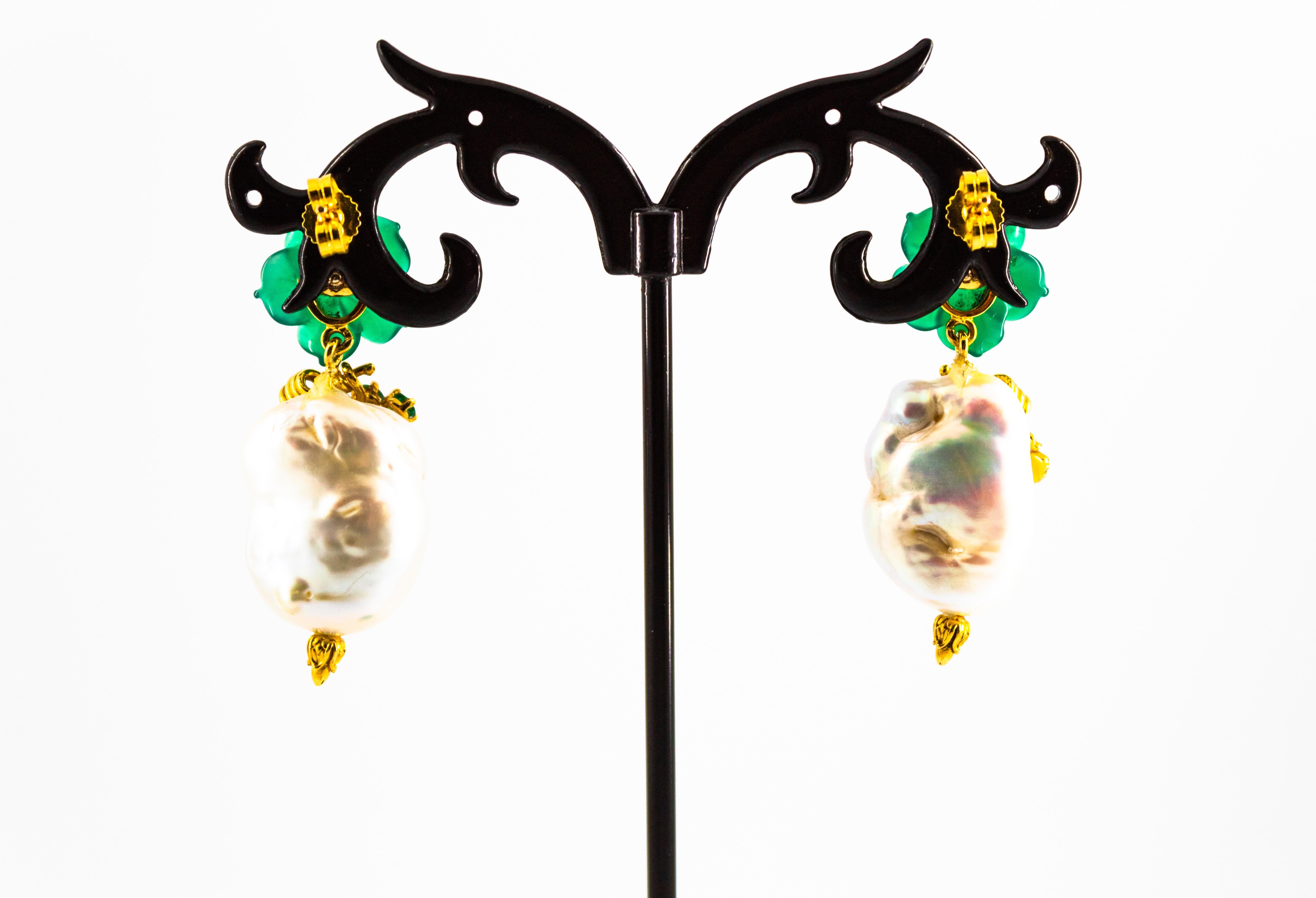 Art Nouveau Style White Diamond Emerald Green Agate Yellow Gold Flowers Earrings For Sale 2