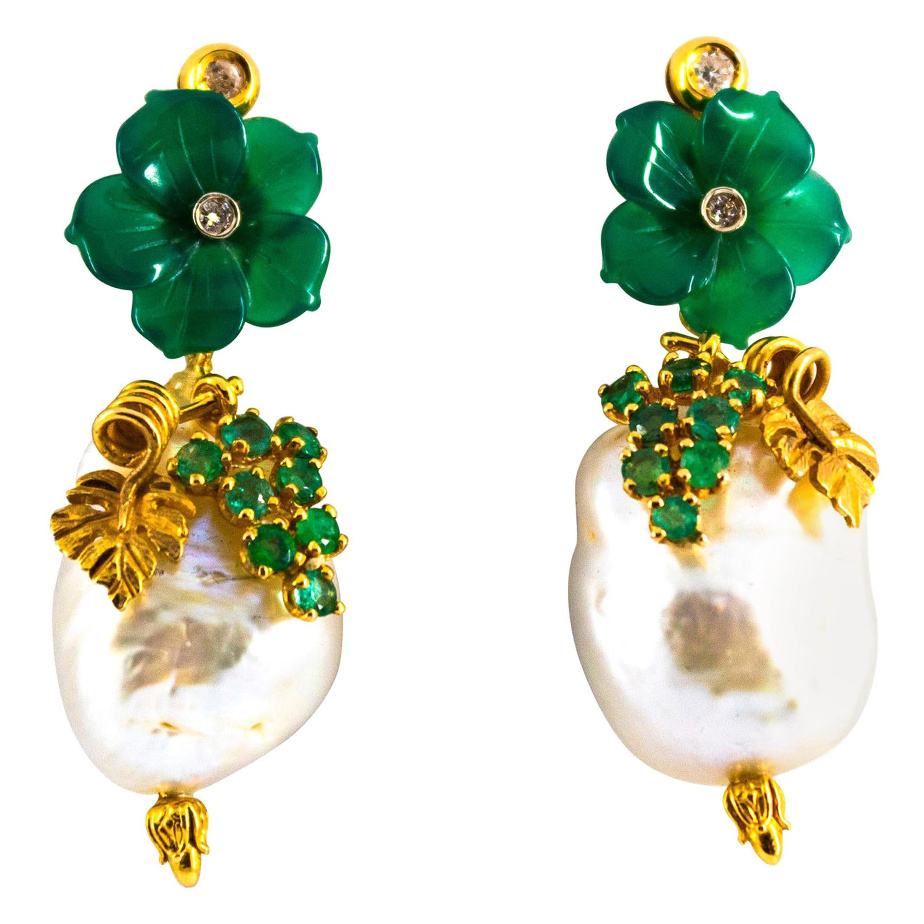 Art Nouveau Style White Diamond Emerald Green Agate Yellow Gold Flowers Earrings For Sale