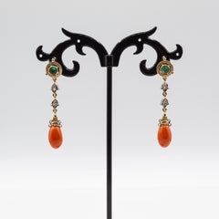Pendientes de Oro Amarillo Estilo Art Nouveau Diamante Blanco Esmeralda Coral Mediterráneo