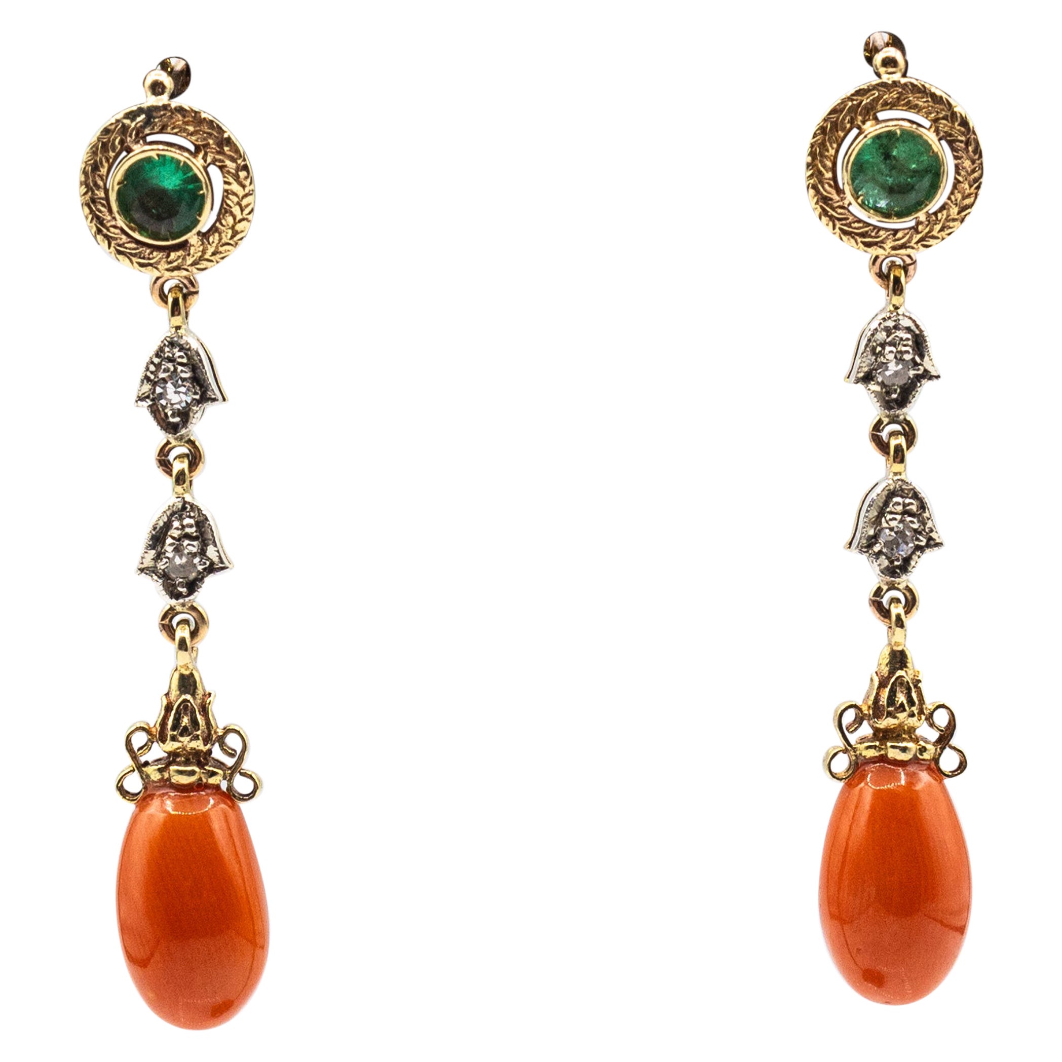 Art Nouveau Style White Diamond Emerald Mediterranean Coral Yellow Gold Earrings