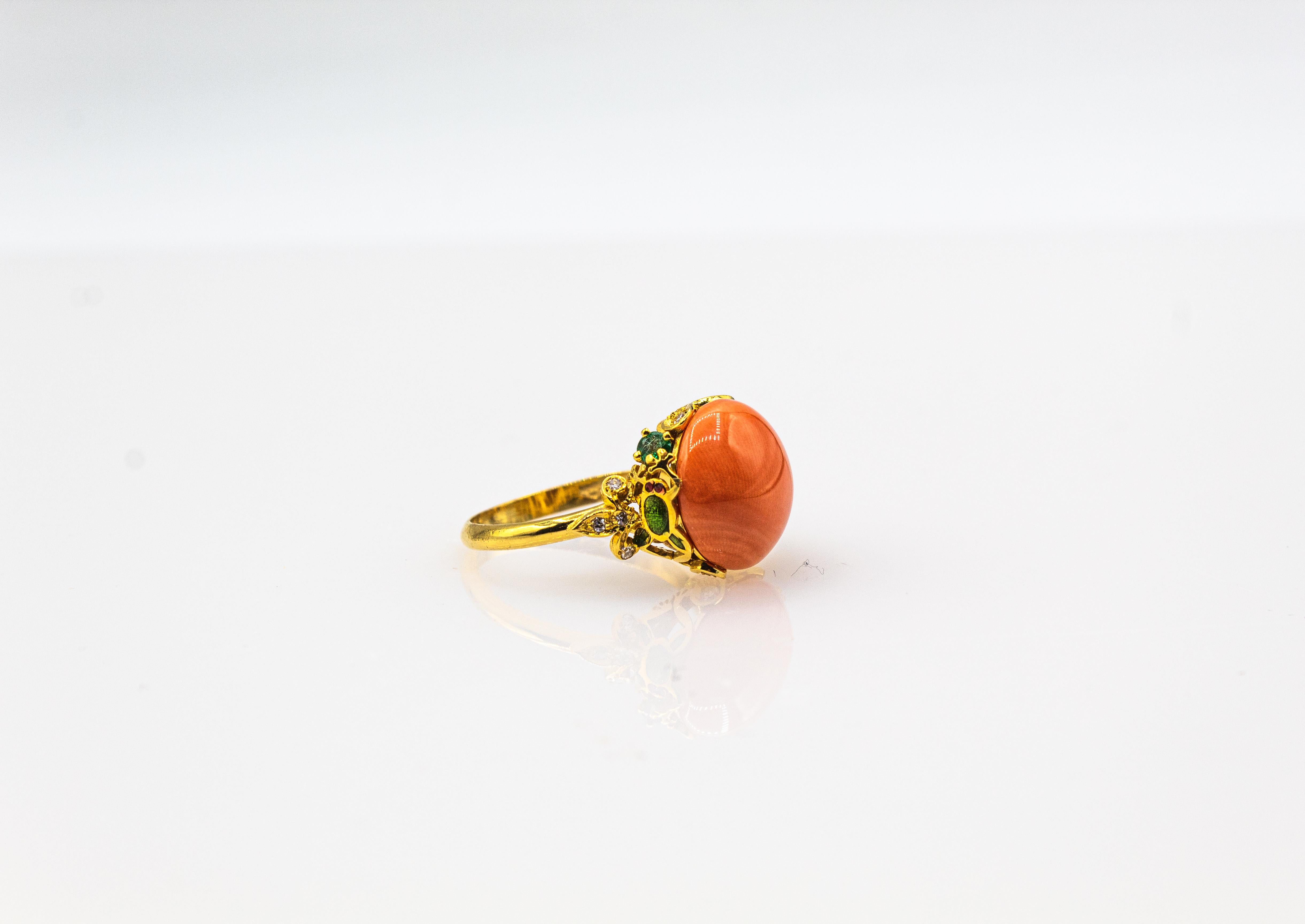 Art Nouveau Style White Diamond Emerald Peach Coral Yellow Gold Cocktail Ring For Sale 5