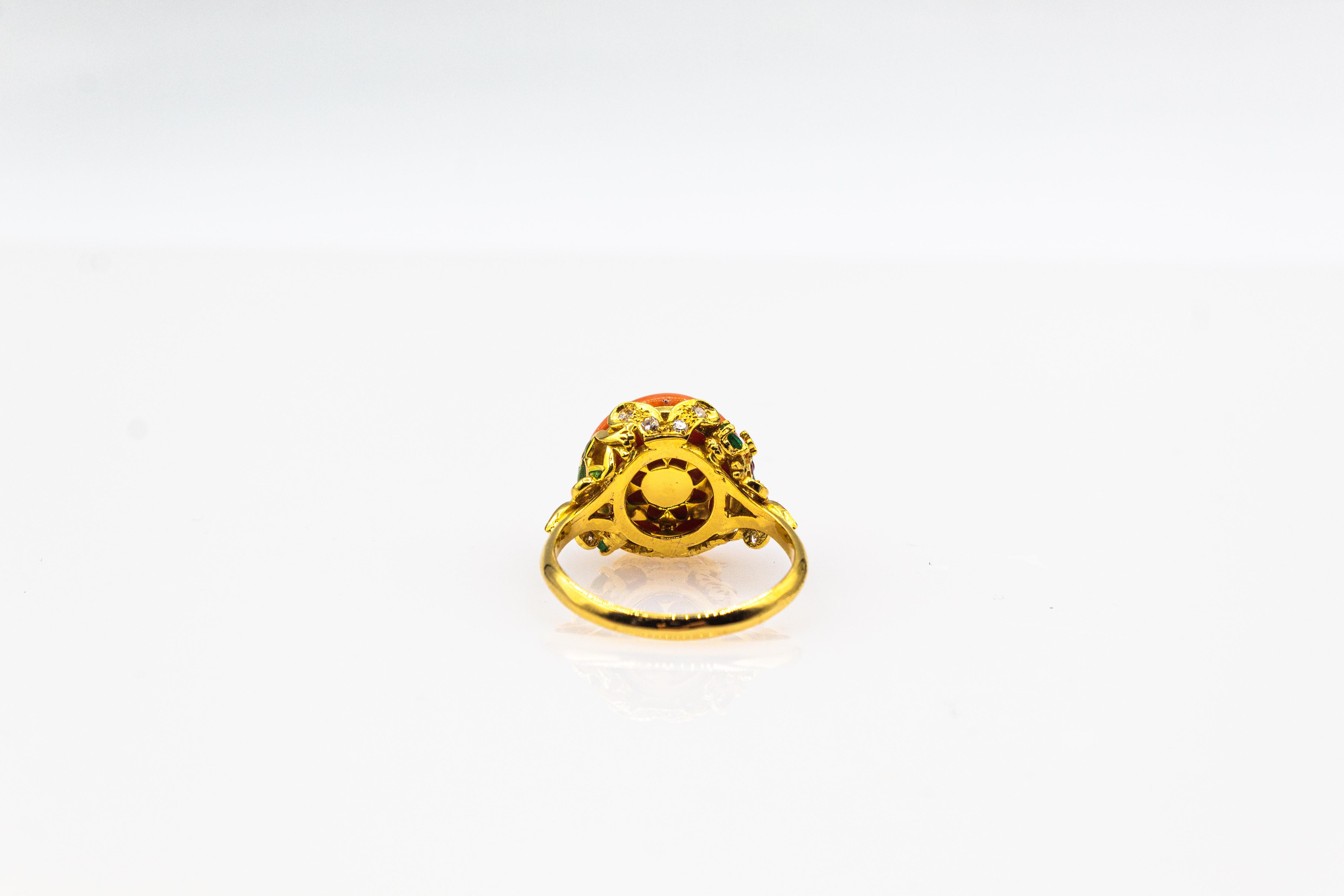 Art Nouveau Style White Diamond Emerald Peach Coral Yellow Gold Cocktail Ring For Sale 6