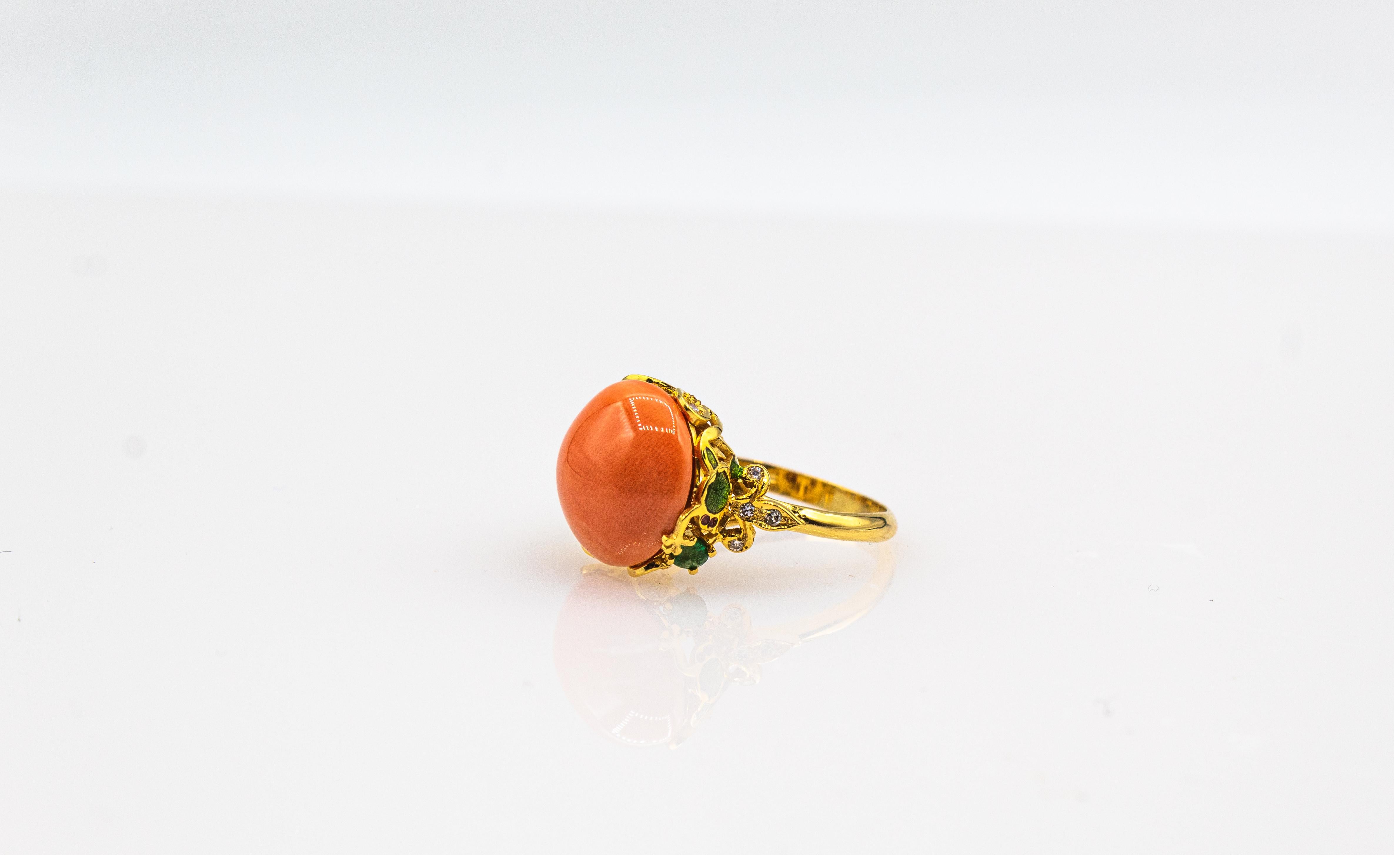 Art Nouveau Style White Diamond Emerald Peach Coral Yellow Gold Cocktail Ring For Sale 7