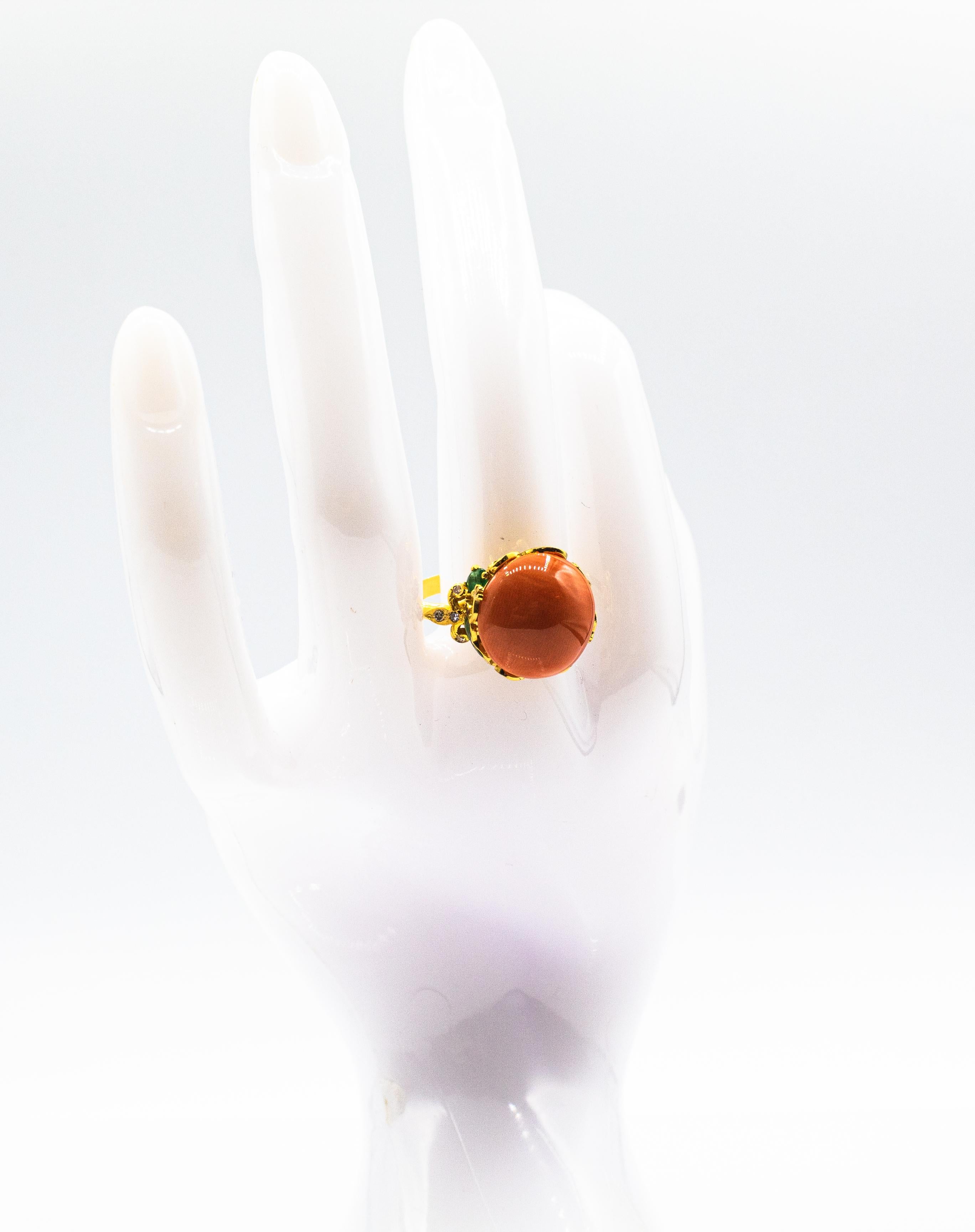 Art Nouveau Style White Diamond Emerald Peach Coral Yellow Gold Cocktail Ring For Sale 8