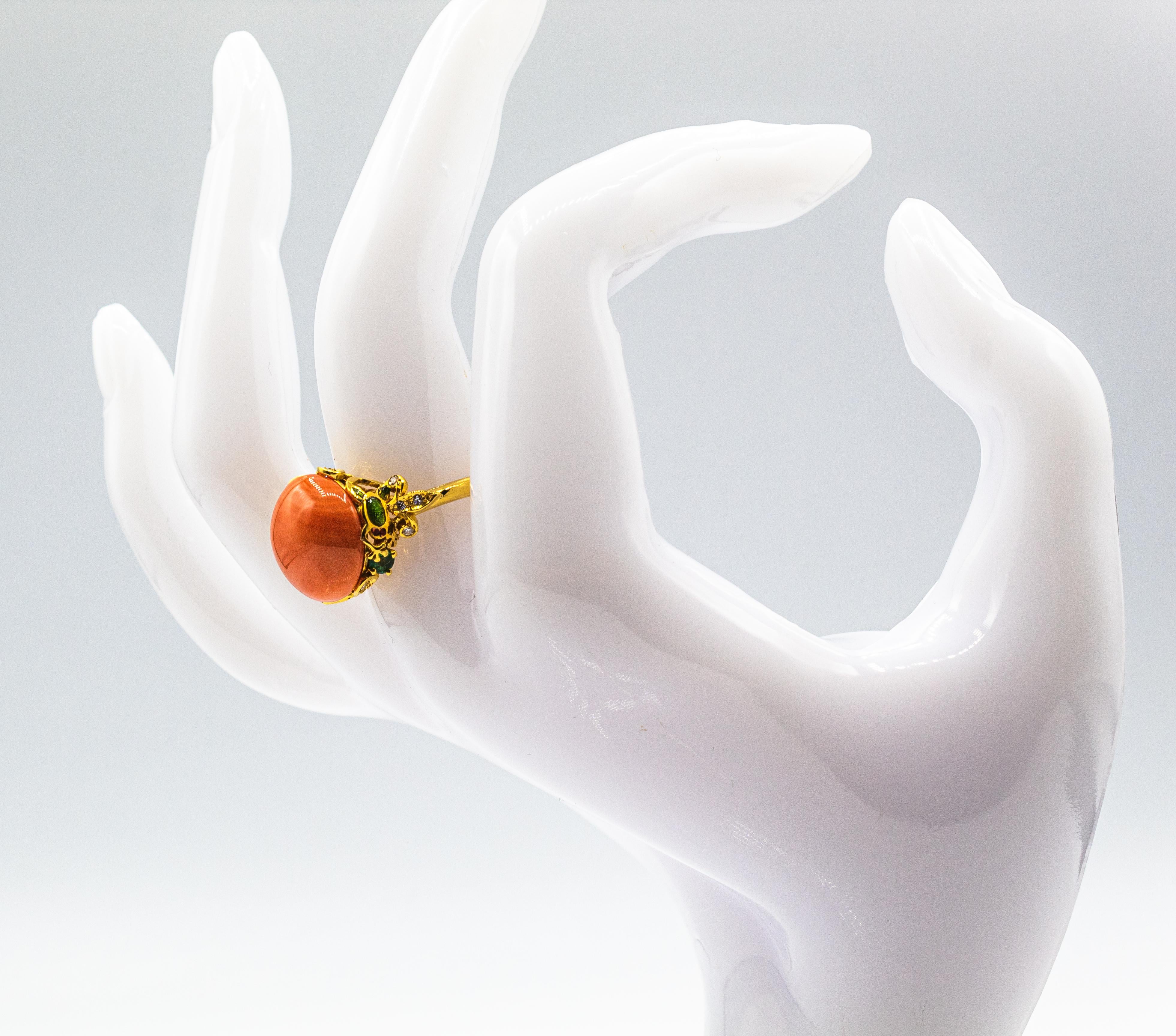 Art Nouveau Style White Diamond Emerald Peach Coral Yellow Gold Cocktail Ring For Sale 9