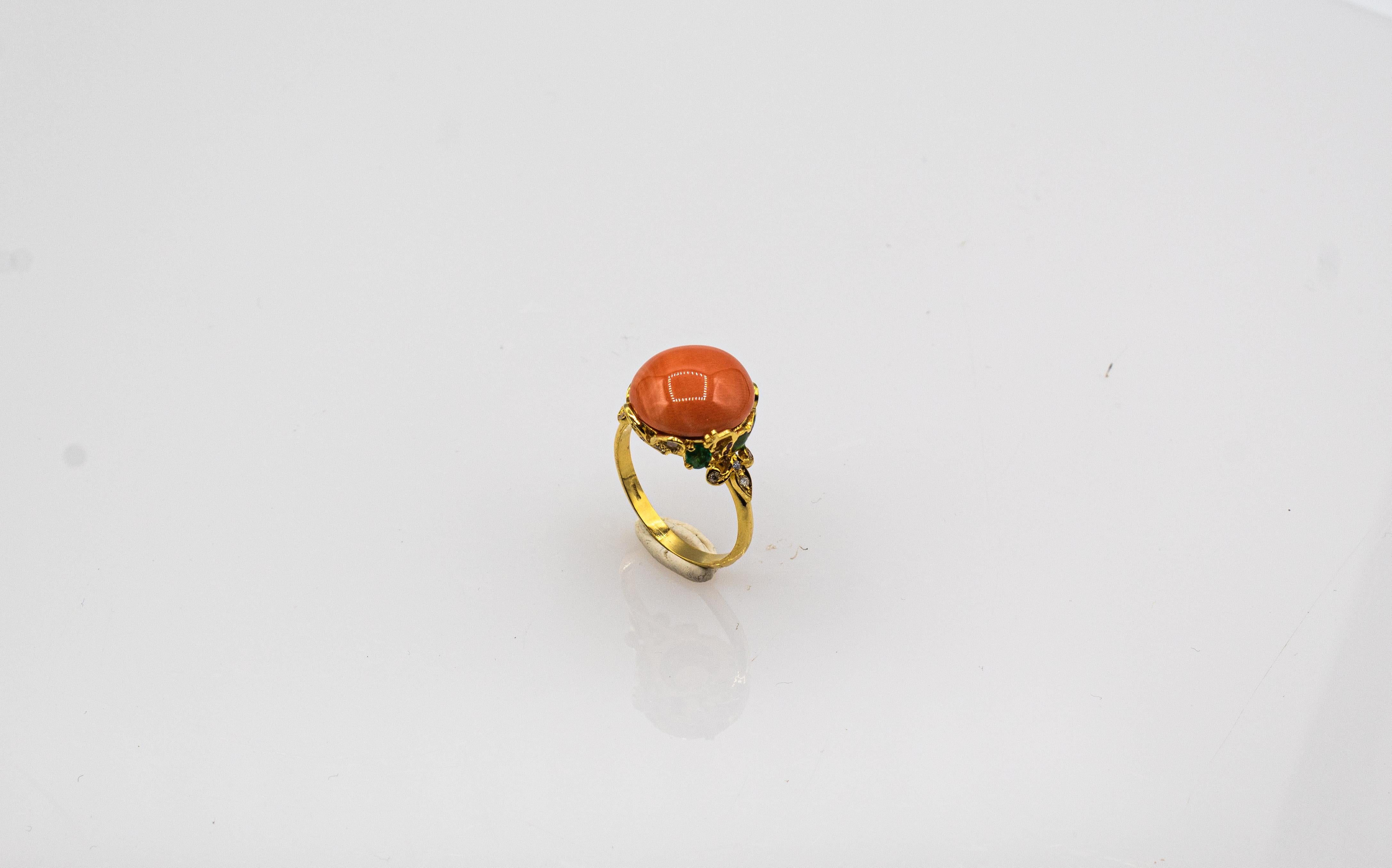 Cabochon Art Nouveau Style White Diamond Emerald Peach Coral Yellow Gold Cocktail Ring For Sale