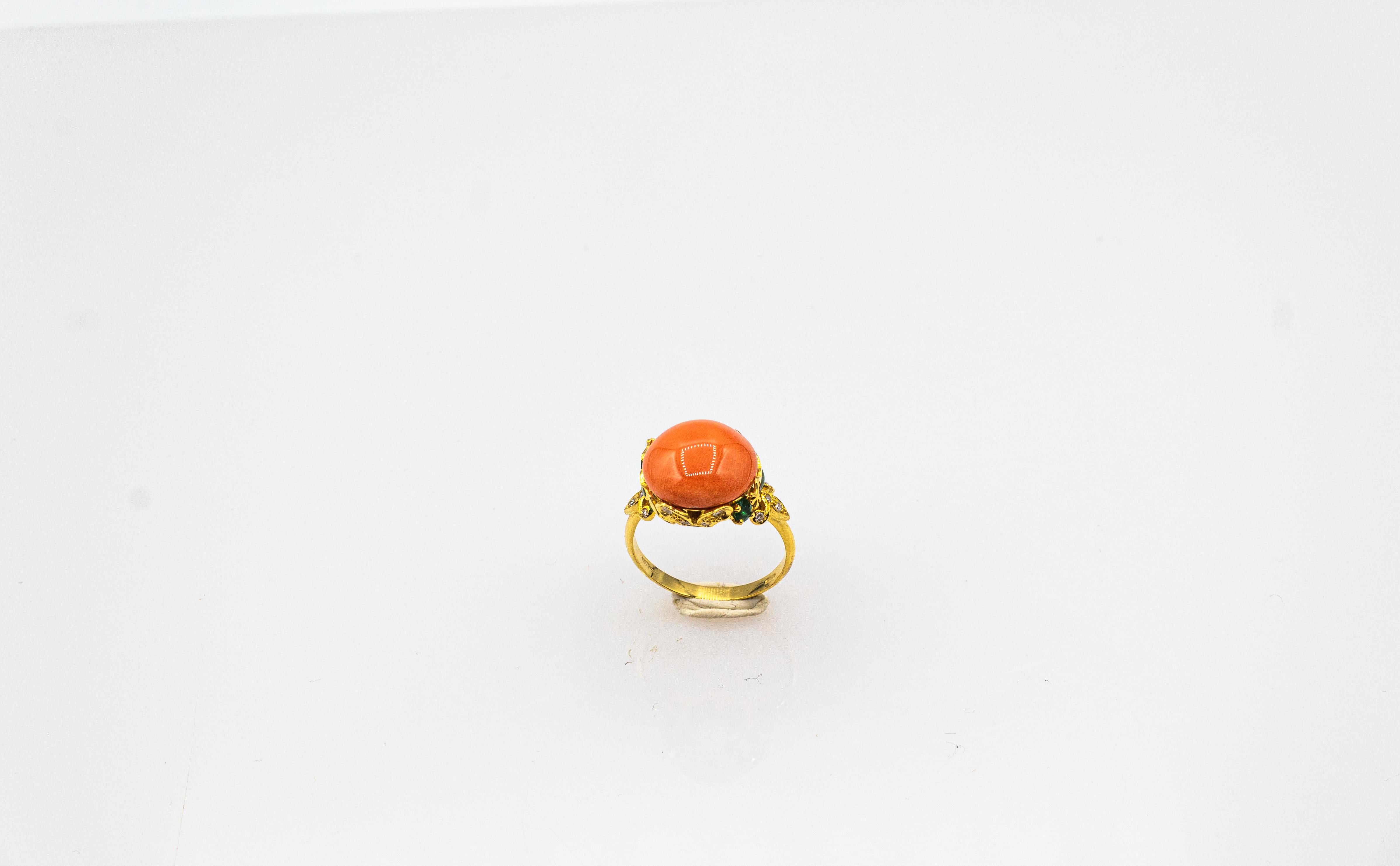 Women's or Men's Art Nouveau Style White Diamond Emerald Peach Coral Yellow Gold Cocktail Ring For Sale