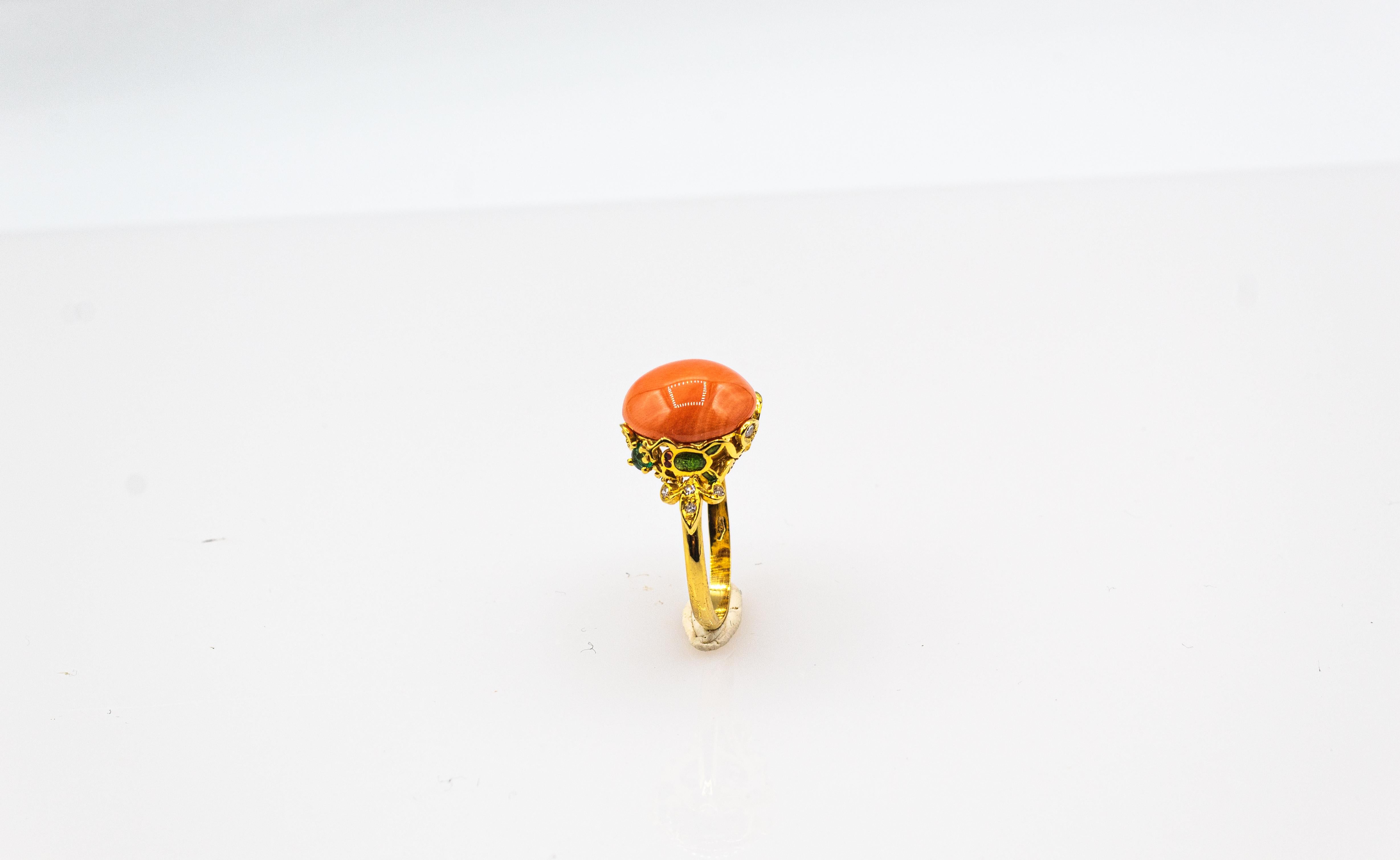 Art Nouveau Style White Diamond Emerald Peach Coral Yellow Gold Cocktail Ring For Sale 1