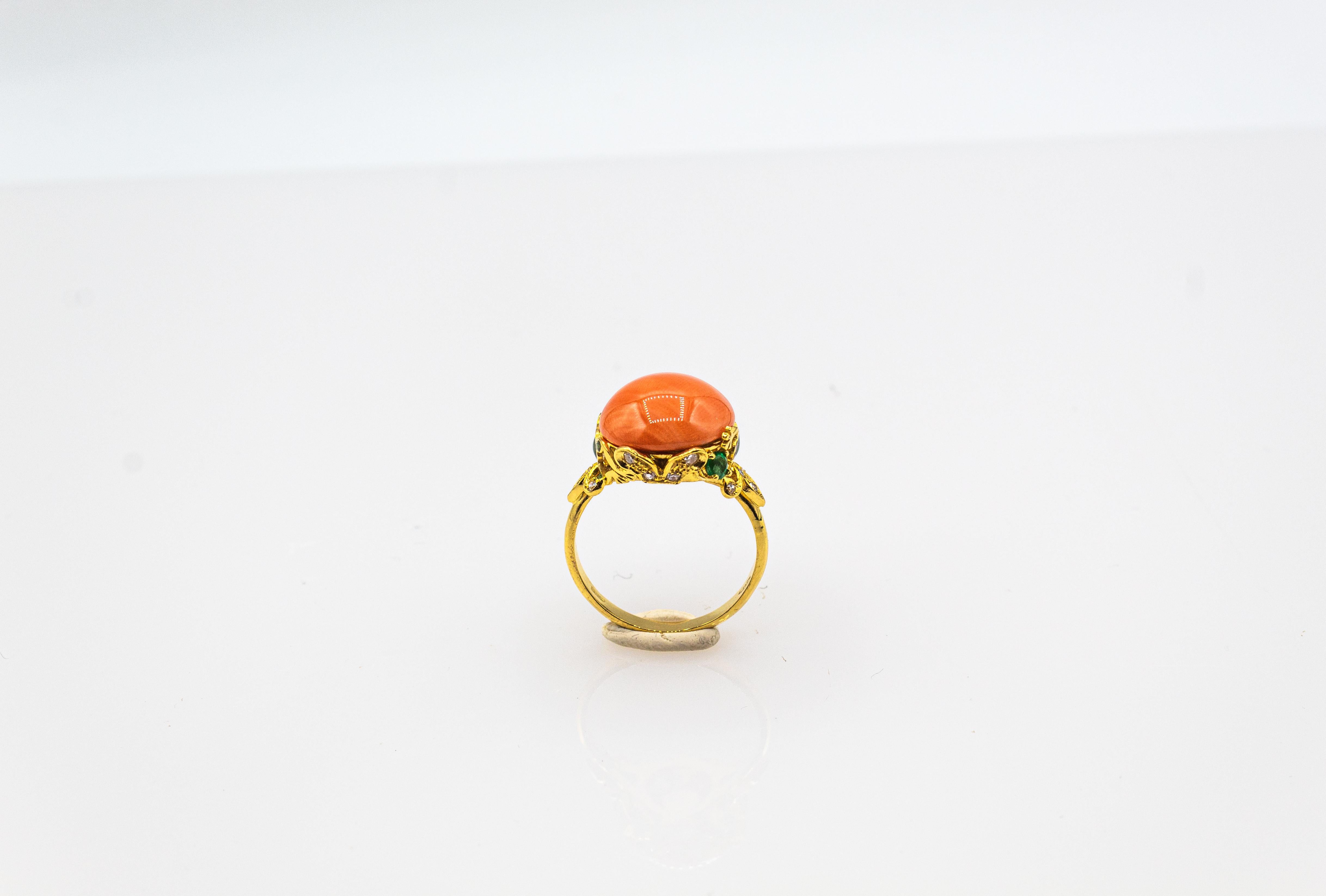 Art Nouveau Style White Diamond Emerald Peach Coral Yellow Gold Cocktail Ring For Sale 2