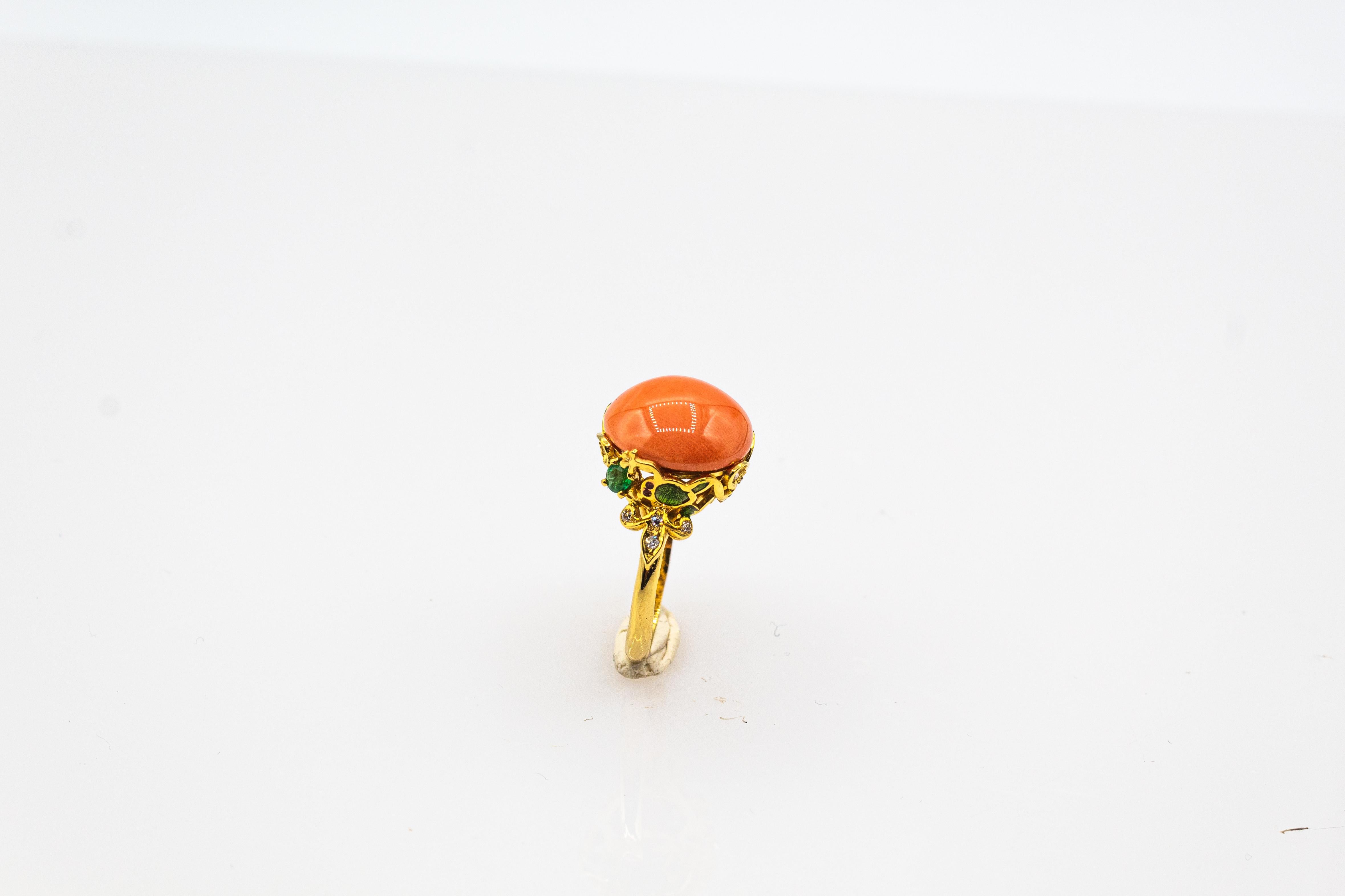 Art Nouveau Style White Diamond Emerald Peach Coral Yellow Gold Cocktail Ring For Sale 3