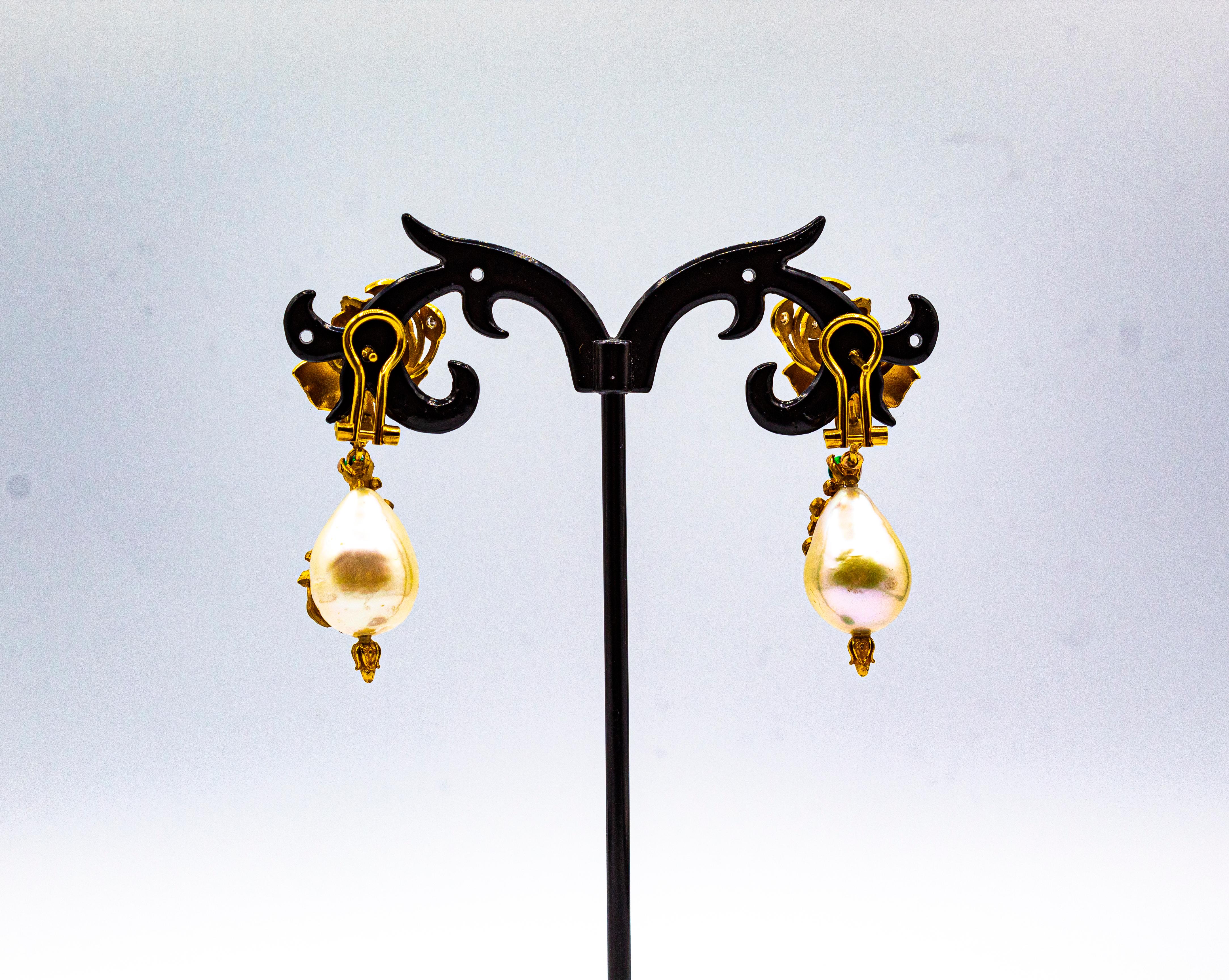 Art Nouveau Style White Diamond Emerald Pearl Yellow Gold Clip-On Earrings For Sale 5