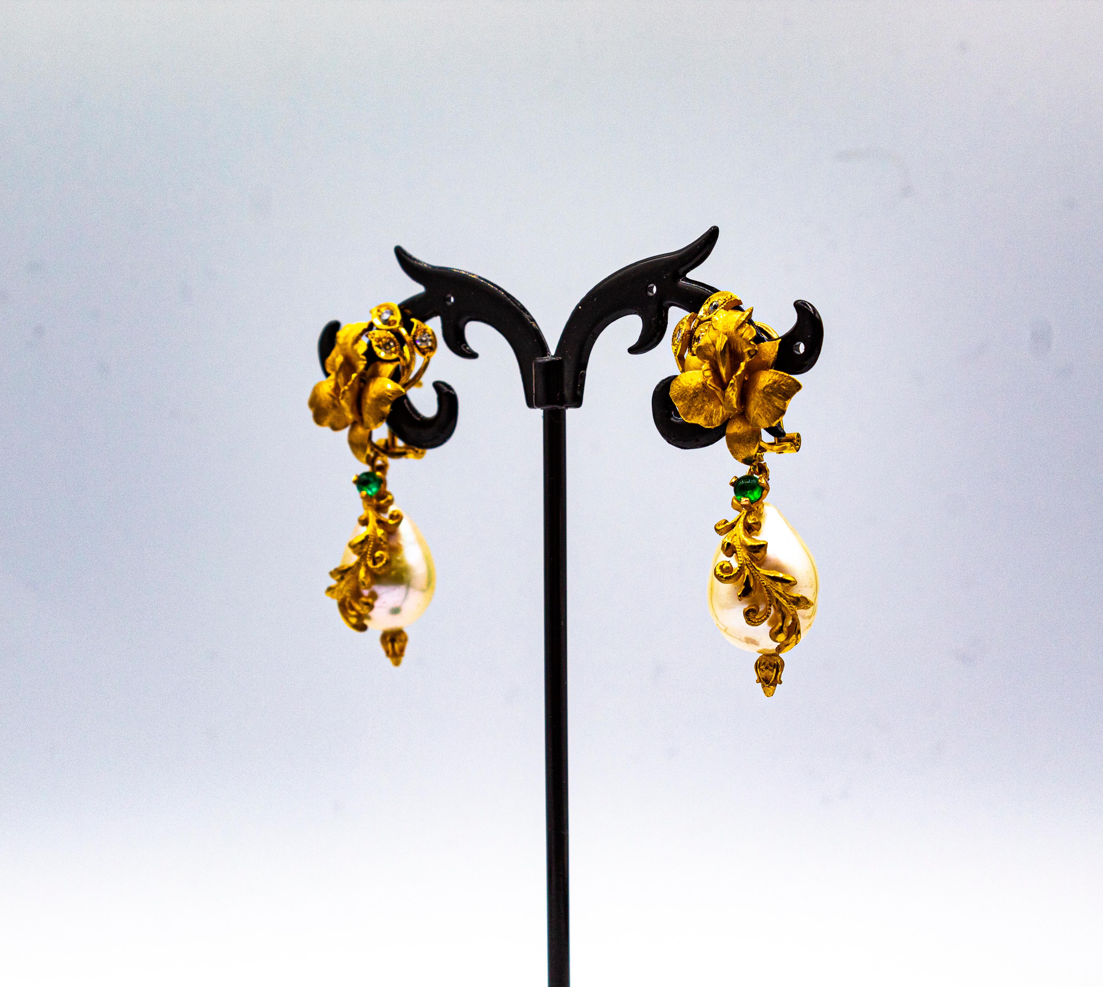 Art Nouveau Style White Diamond Emerald Pearl Yellow Gold Clip-On Earrings For Sale 6