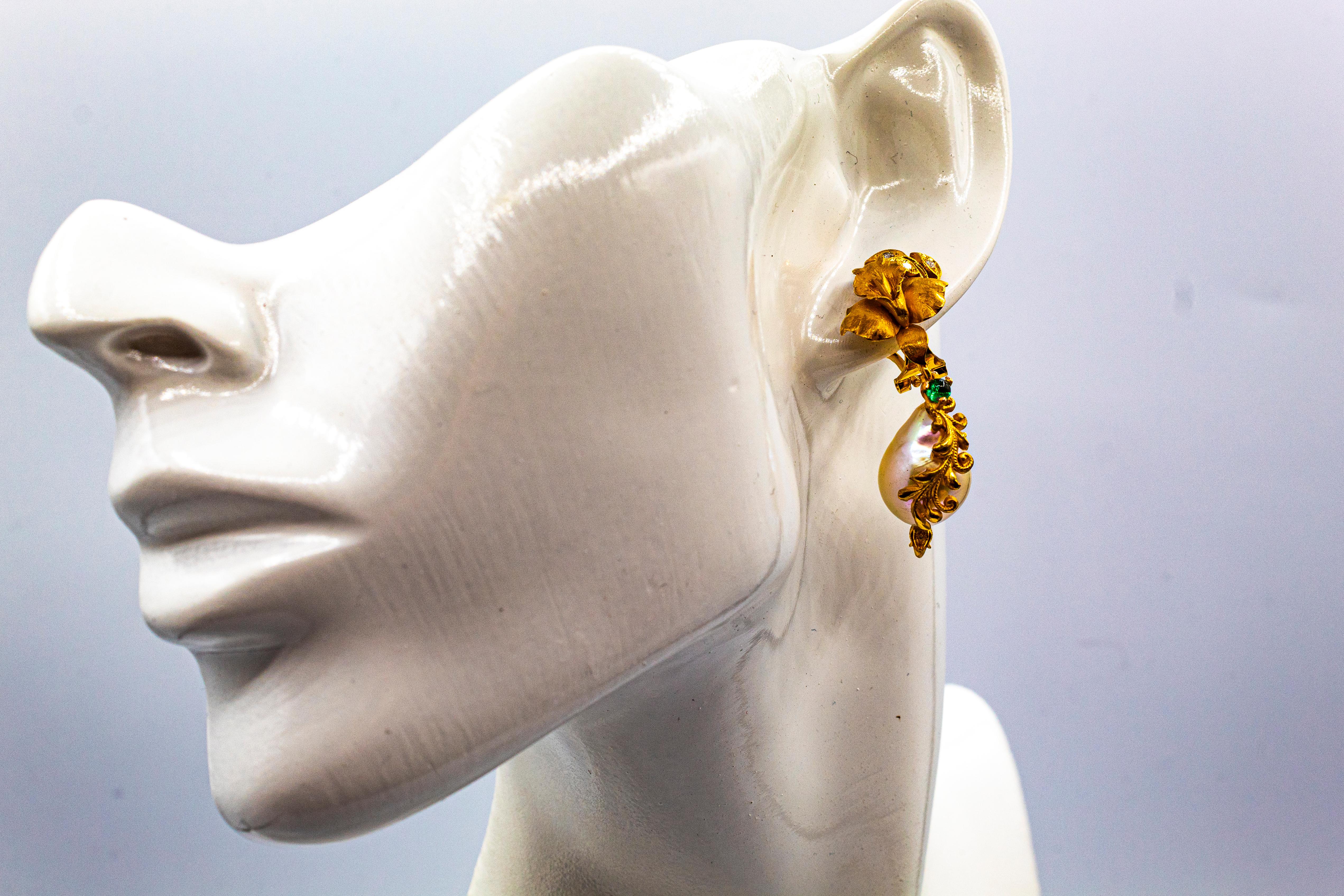 Art Nouveau Style White Diamond Emerald Pearl Yellow Gold Clip-On Earrings For Sale 7