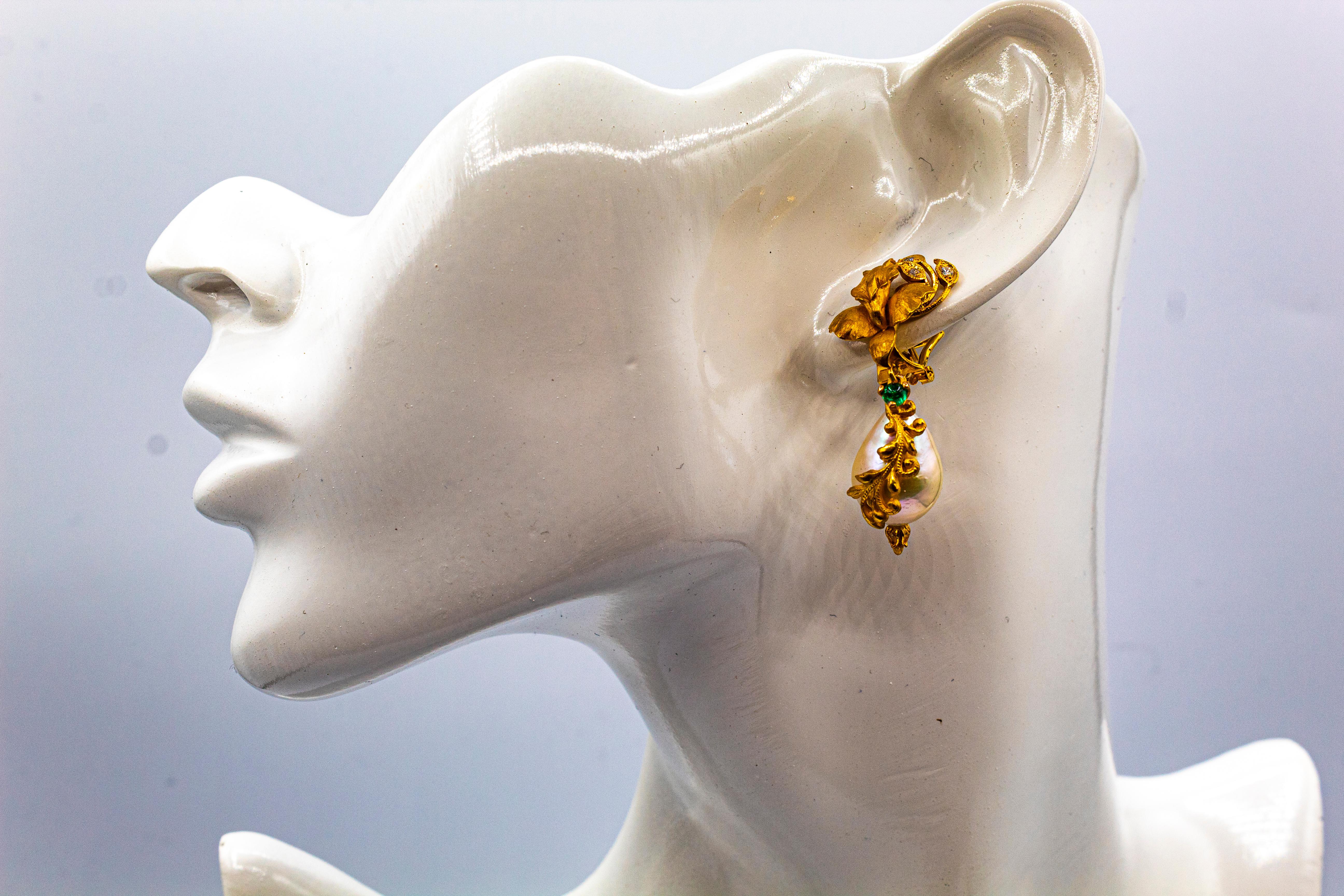 Art Nouveau Style White Diamond Emerald Pearl Yellow Gold Clip-On Earrings For Sale 8