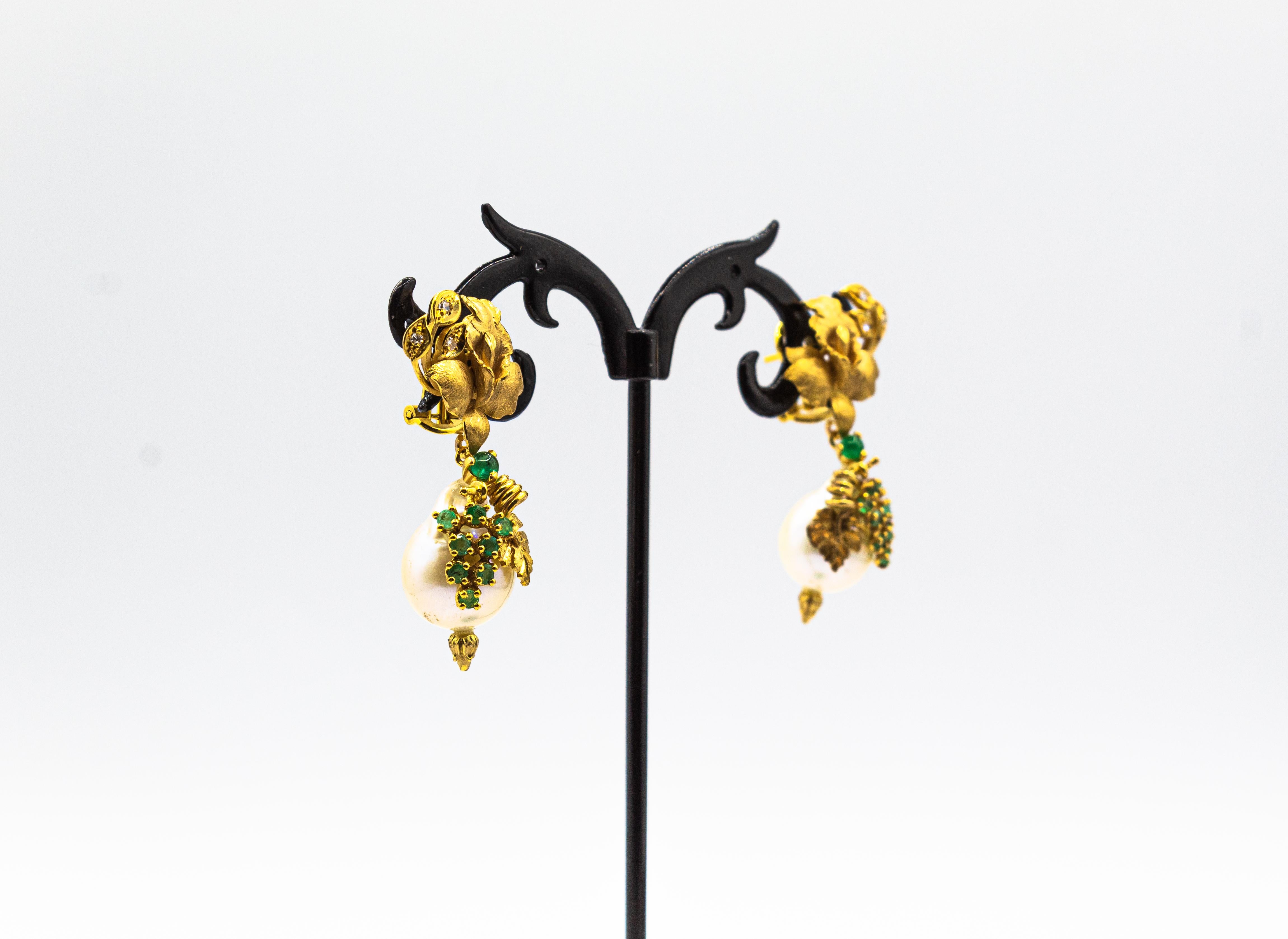 Brilliant Cut Art Nouveau Style White Diamond Emerald Pearl Yellow Gold Clip-On Earrings For Sale