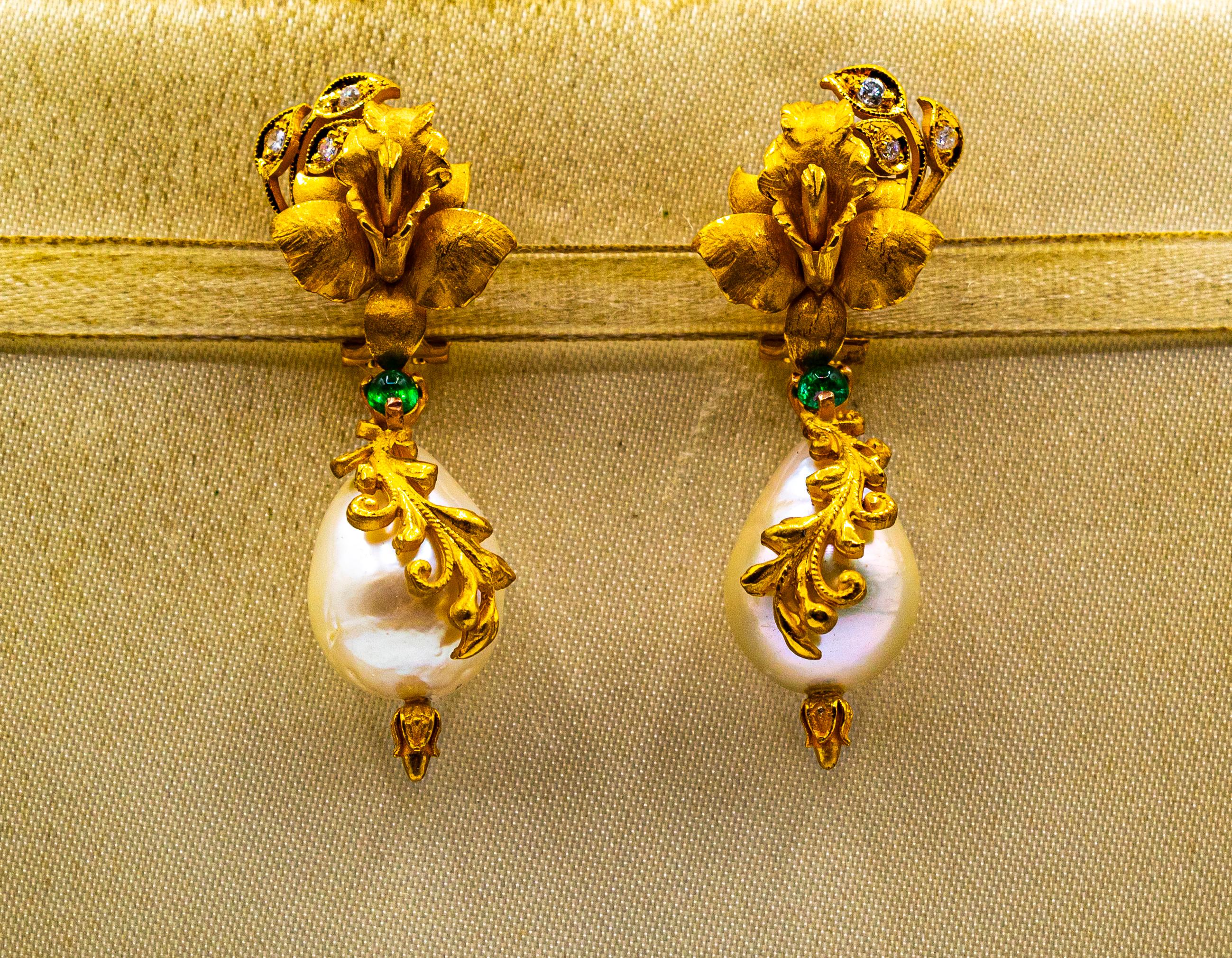 Brilliant Cut Art Nouveau Style White Diamond Emerald Pearl Yellow Gold Clip-On Earrings For Sale