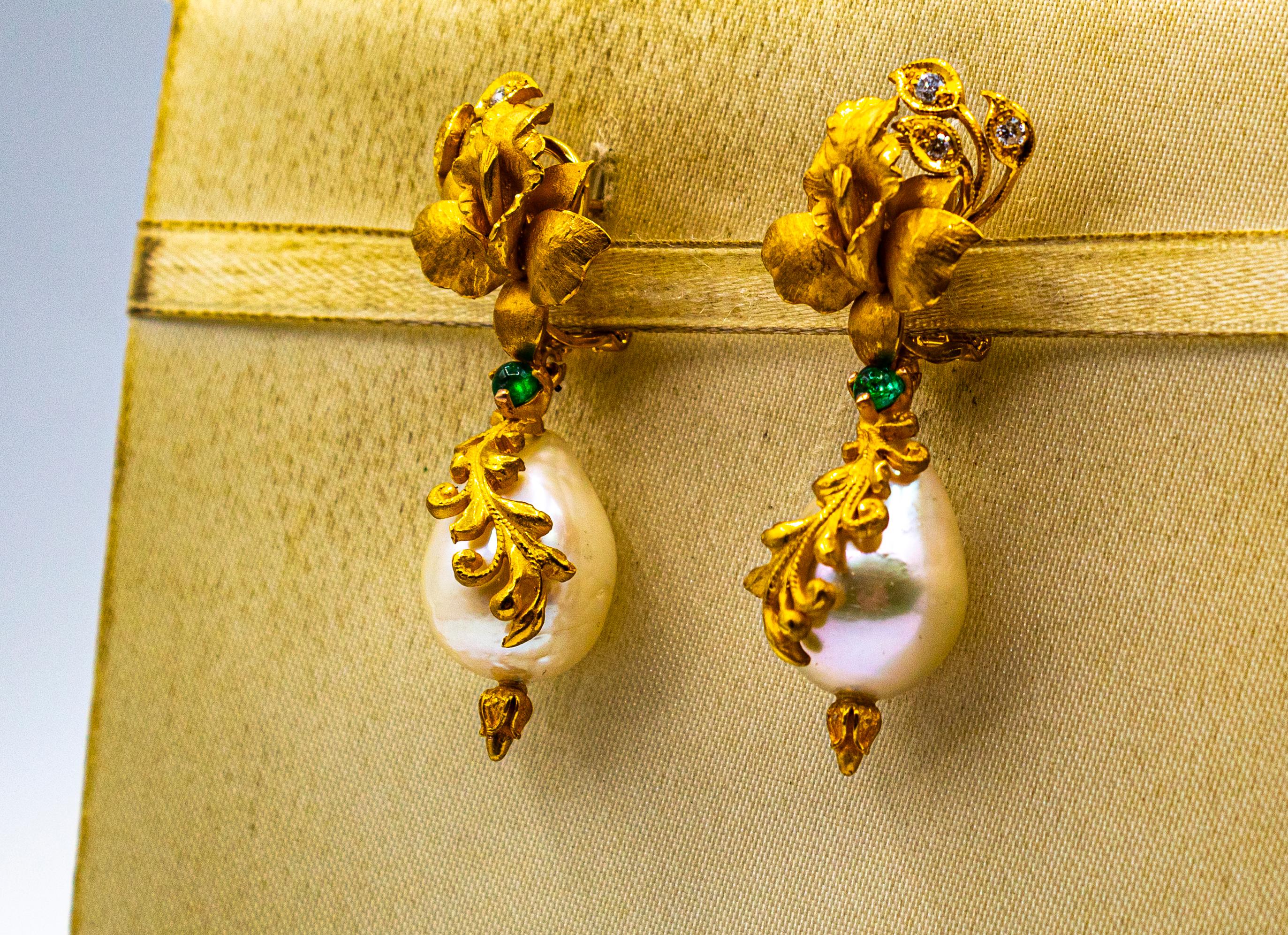 Women's or Men's Art Nouveau Style White Diamond Emerald Pearl Yellow Gold Clip-On Earrings For Sale