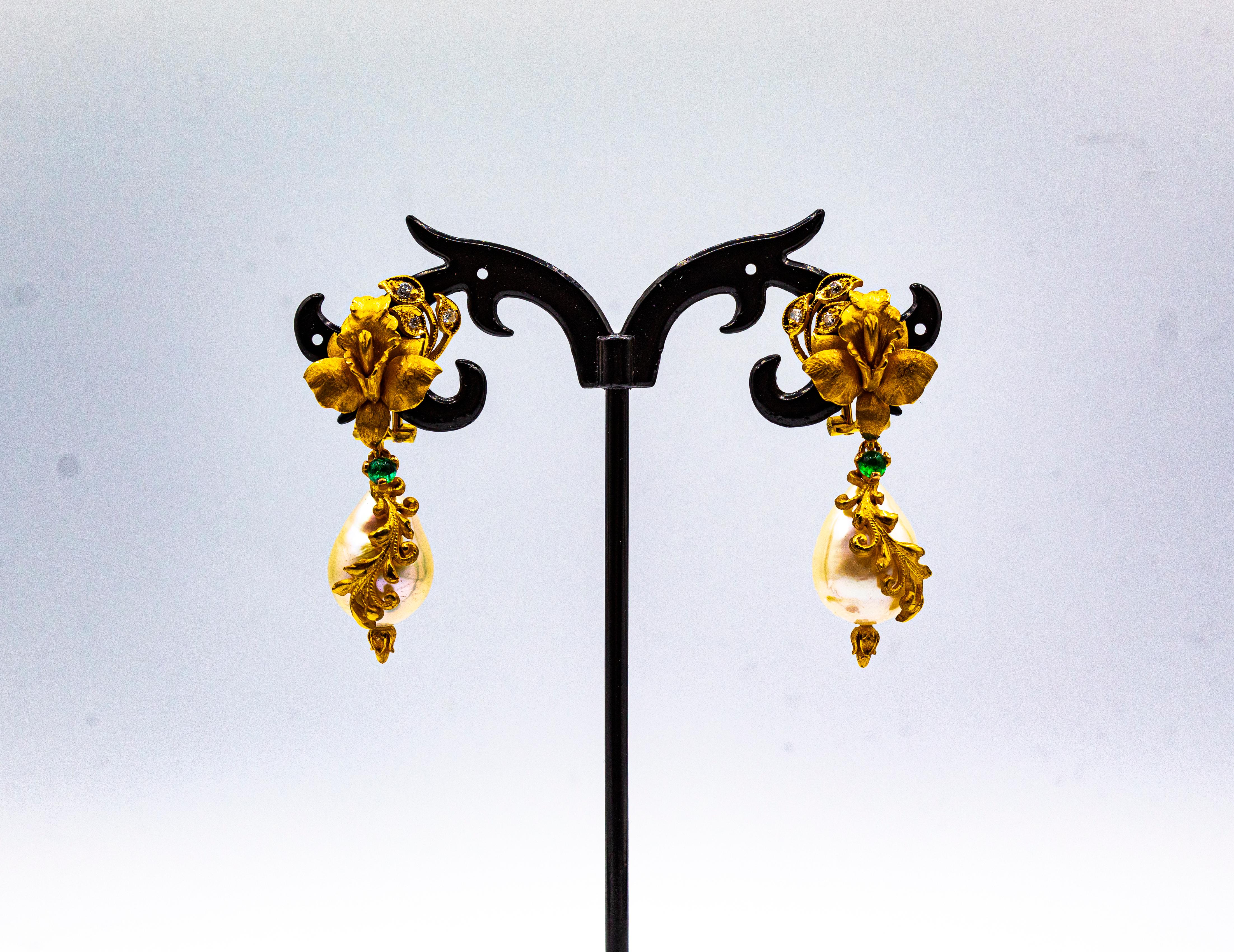 Art Nouveau Style White Diamond Emerald Pearl Yellow Gold Clip-On Earrings For Sale 1