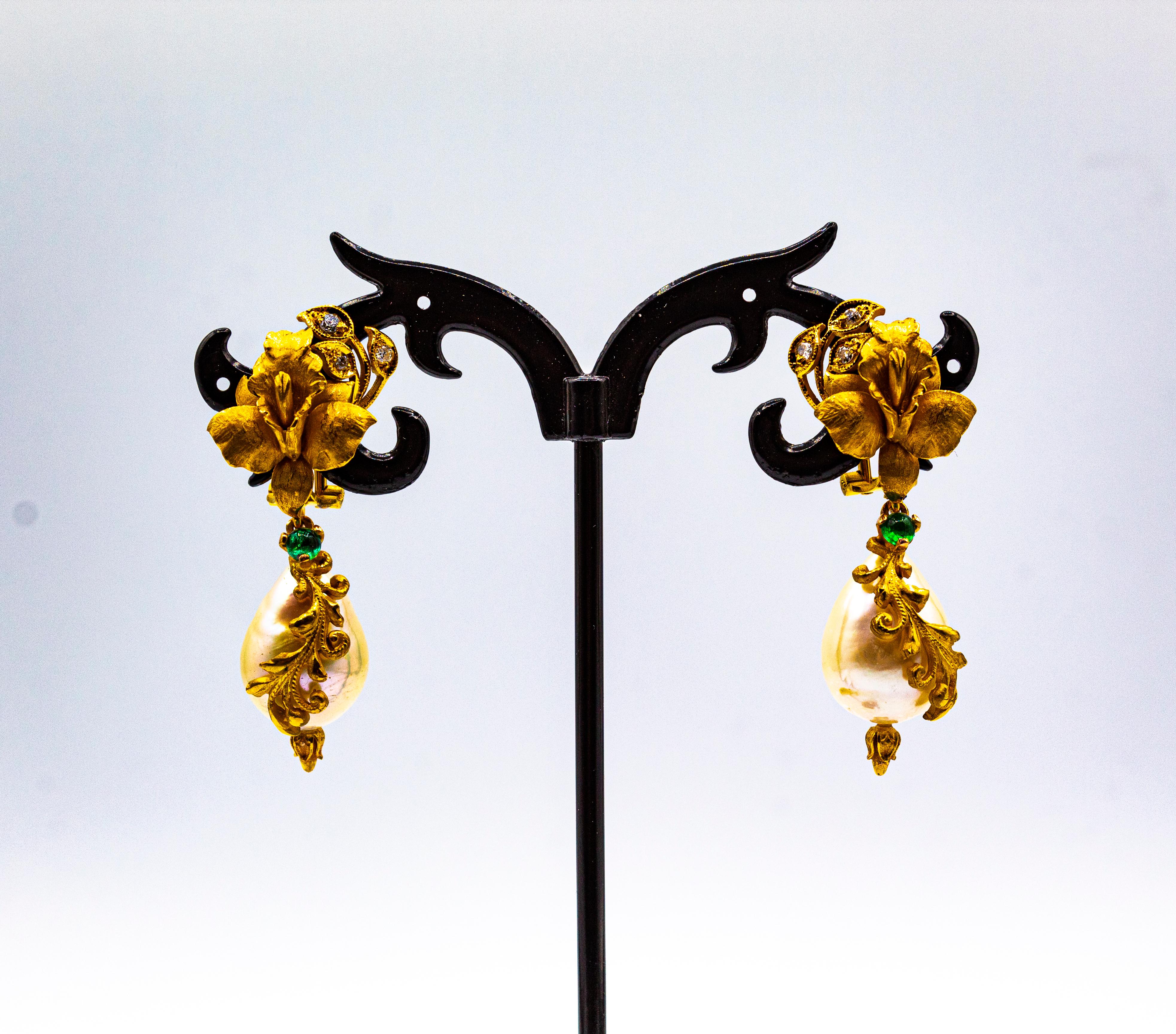 Art Nouveau Style White Diamond Emerald Pearl Yellow Gold Clip-On Earrings For Sale 2