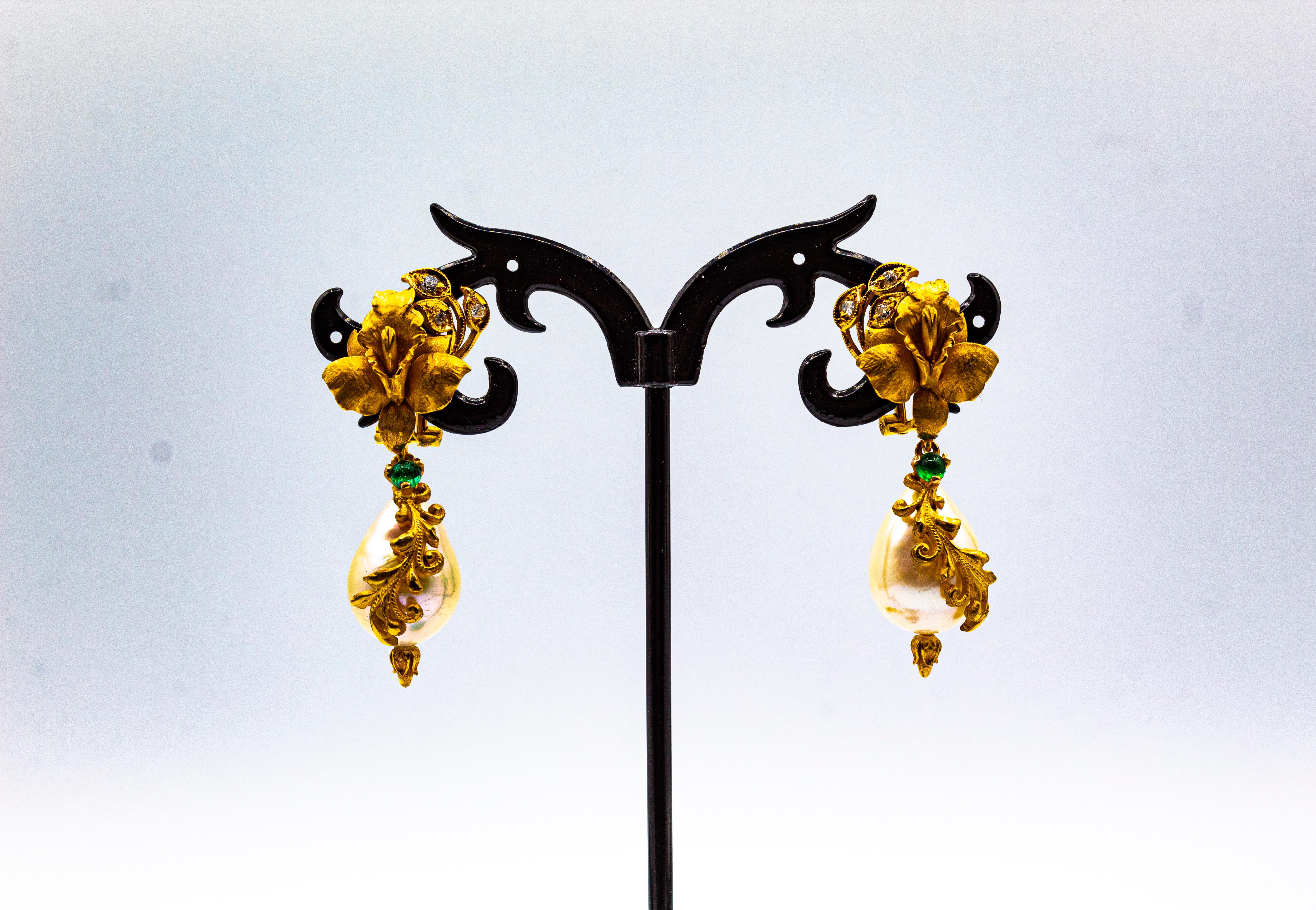 Art Nouveau Style White Diamond Emerald Pearl Yellow Gold Clip-On Earrings For Sale 3