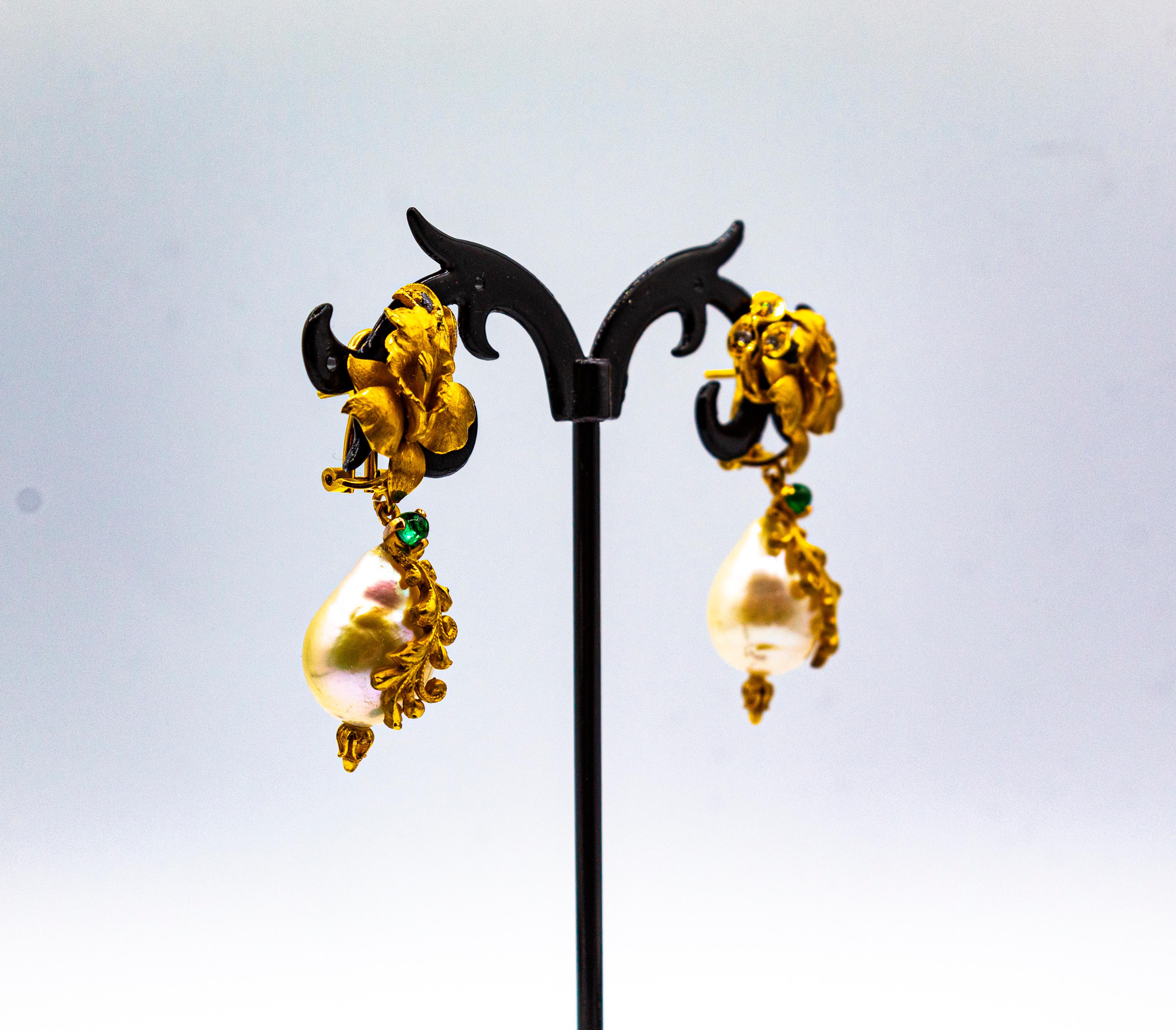 Art Nouveau Style White Diamond Emerald Pearl Yellow Gold Clip-On Earrings For Sale 4