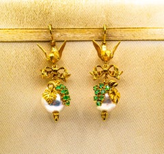 Art Nouveau Style White Diamond Emerald Pearl Yellow Gold Drop "Bird" Earrings