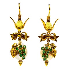 Art Nouveau Style White Diamond Emerald Pearl Yellow Gold Drop "Bird" Earrings